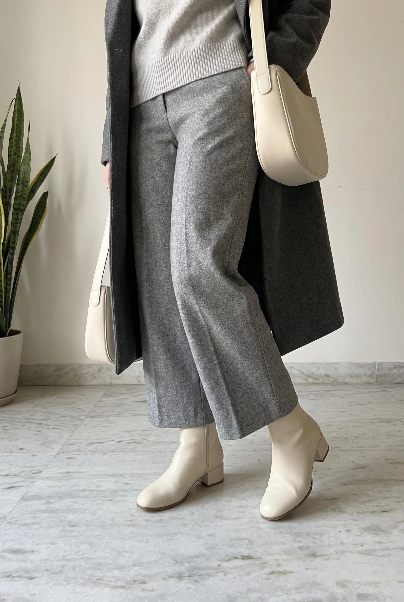 Cream ankle boots with heather grey wide-leg trousers, a grey knit and a charcoal coat