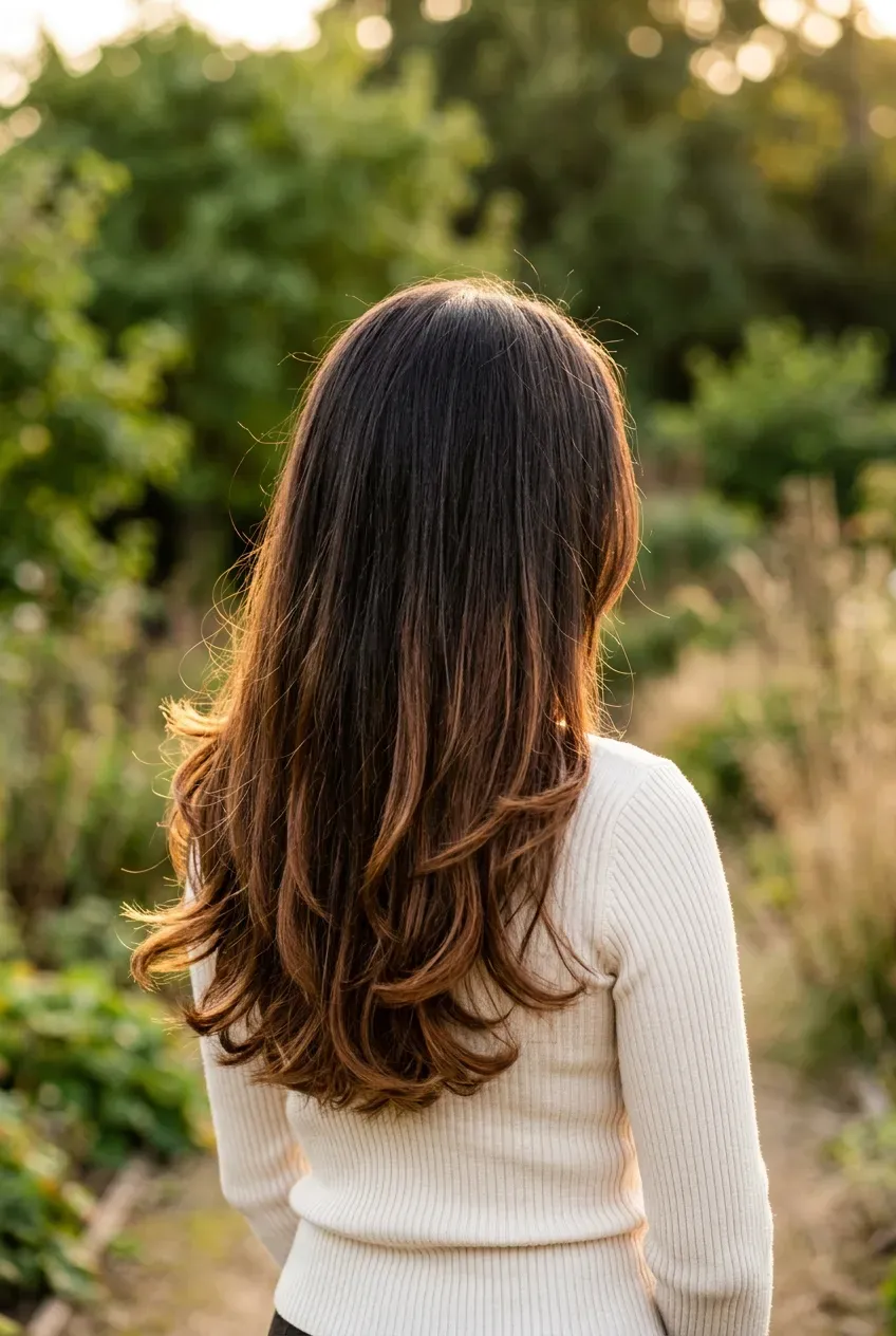 Long dark brown layered hair with lighter chestnut ends, seen from behind