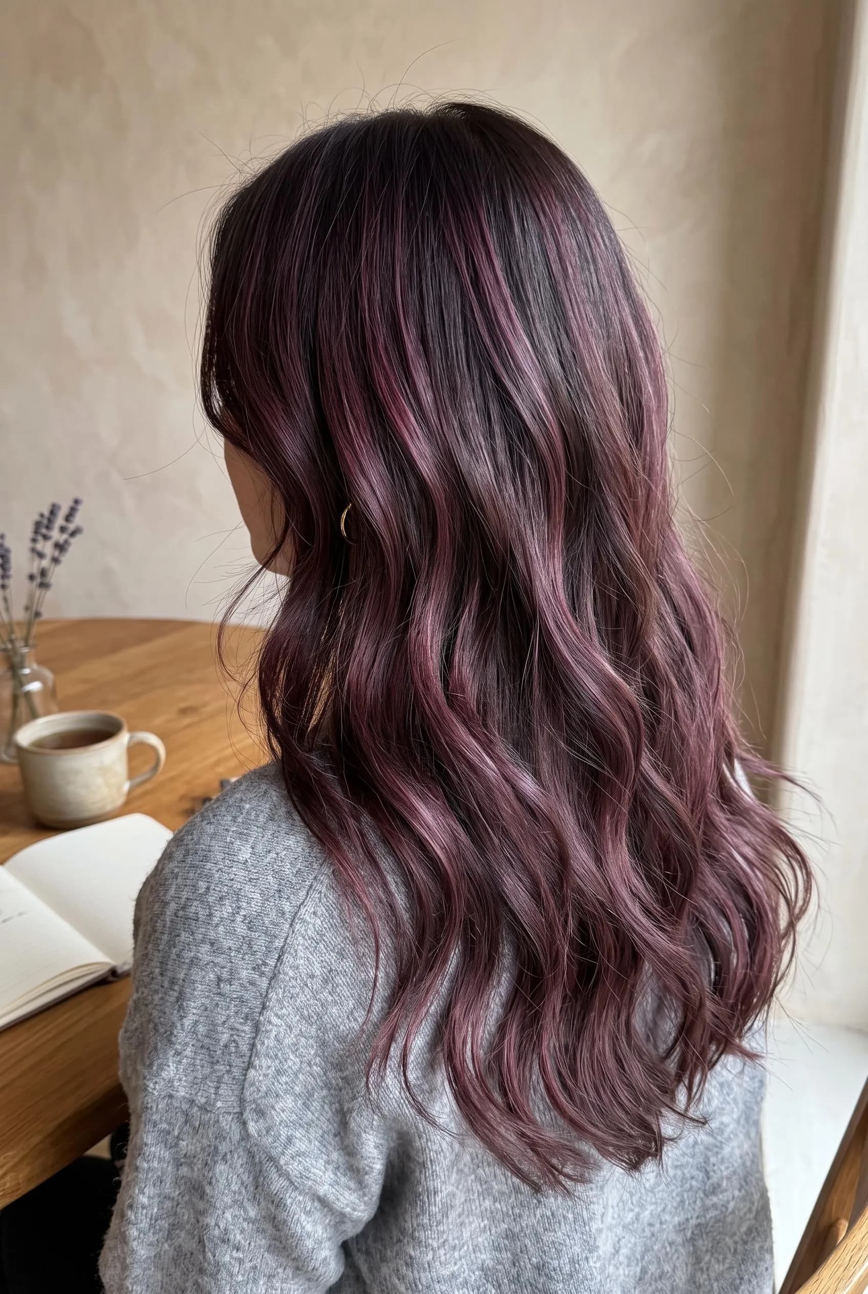 Long dark brown waves with soft plum burgundy highlights