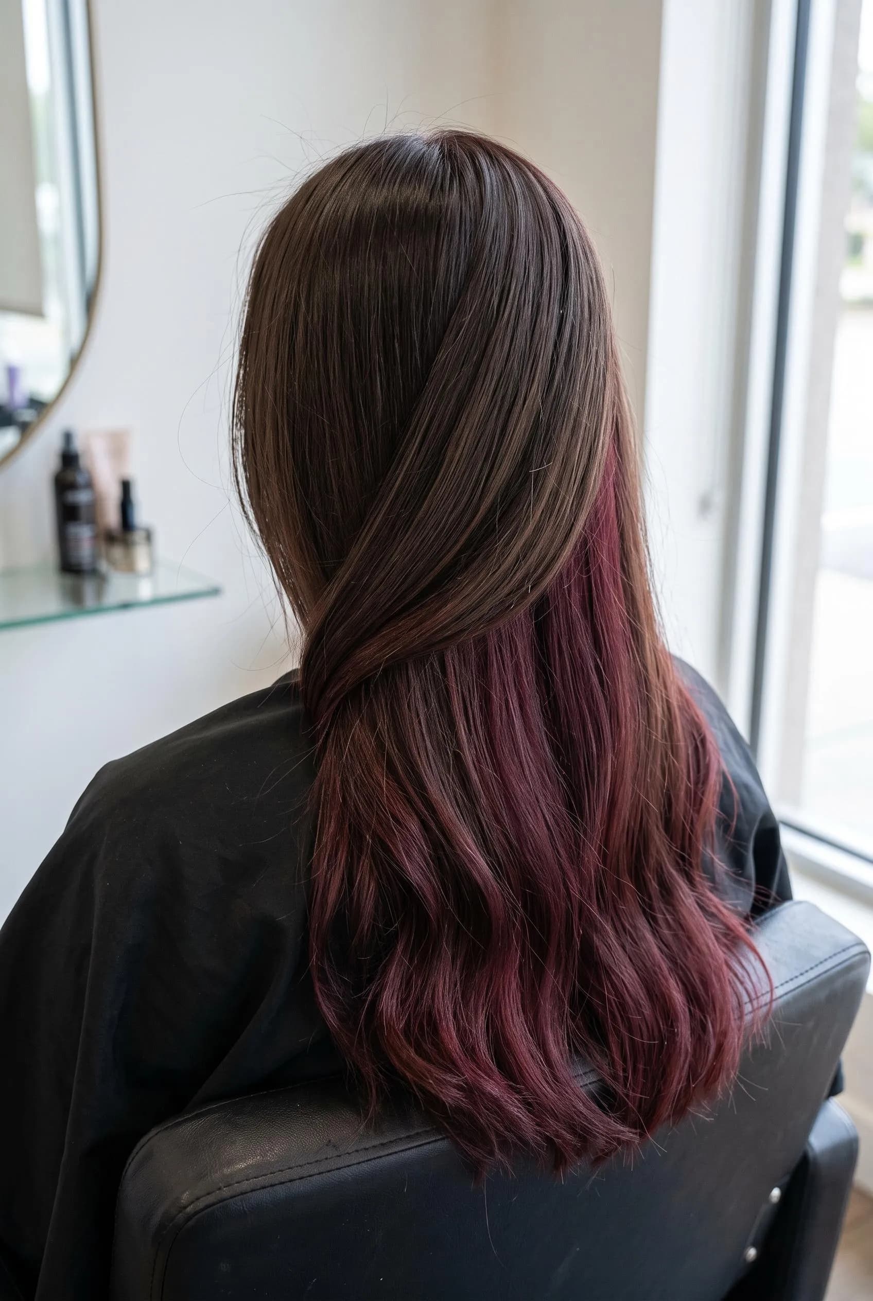 Sleek dark brown hair with a peekaboo burgundy underlayer showing at the nape