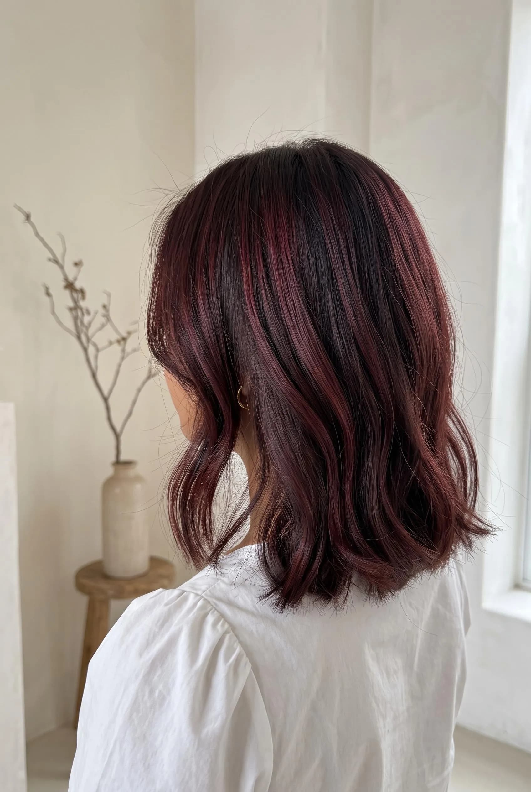 Shoulder-length dark brown lob with soft burgundy highlights