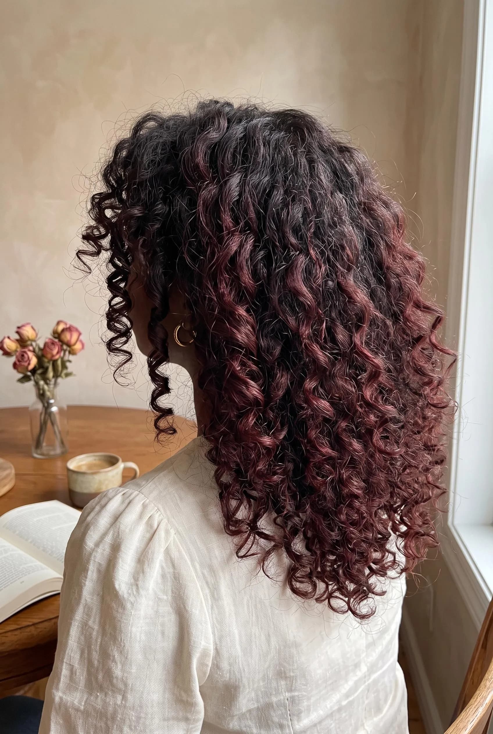 Natural dark brown curls with burgundy wine highlights through the spirals