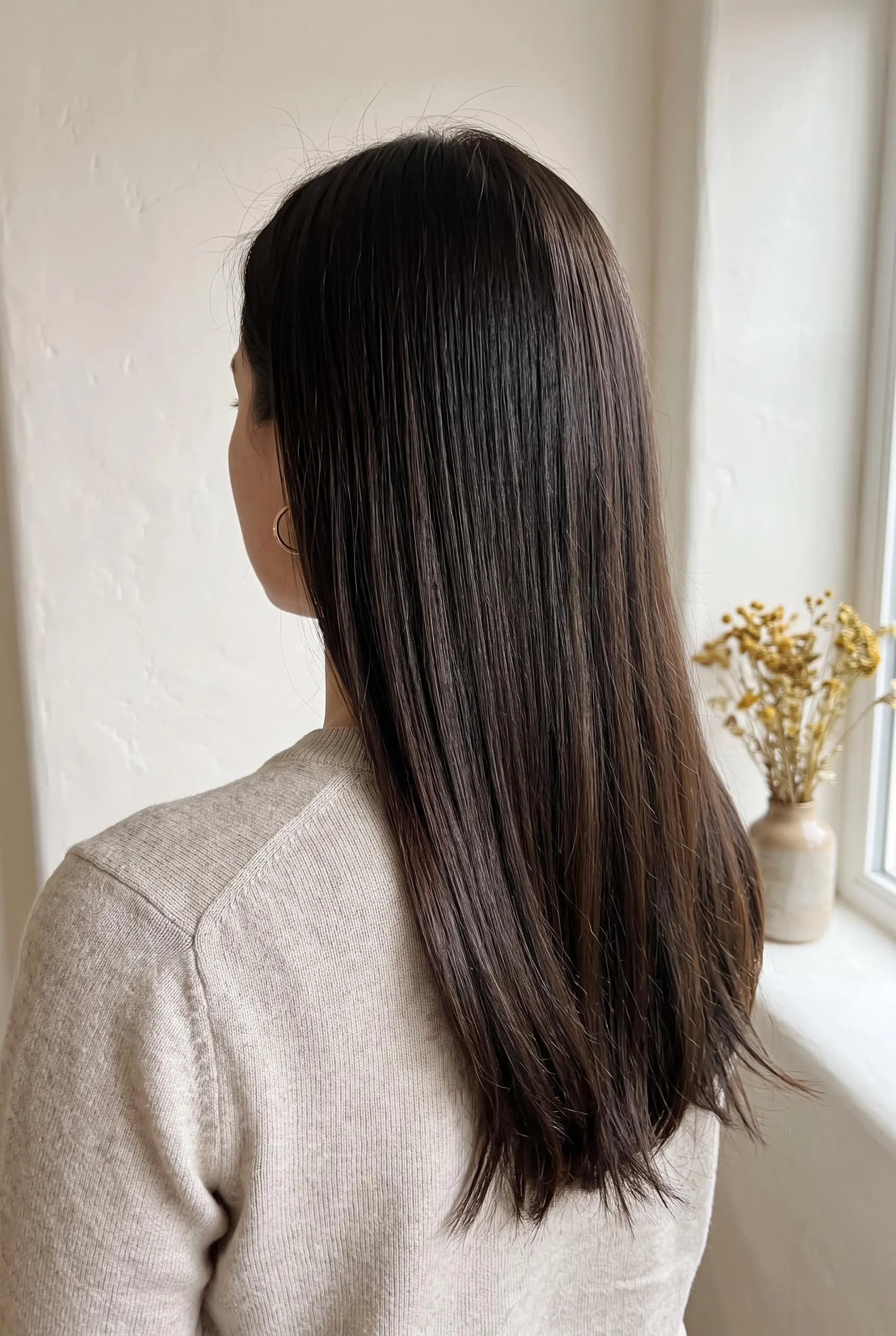 Long wavy warm chocolate brown hair at a wooden table