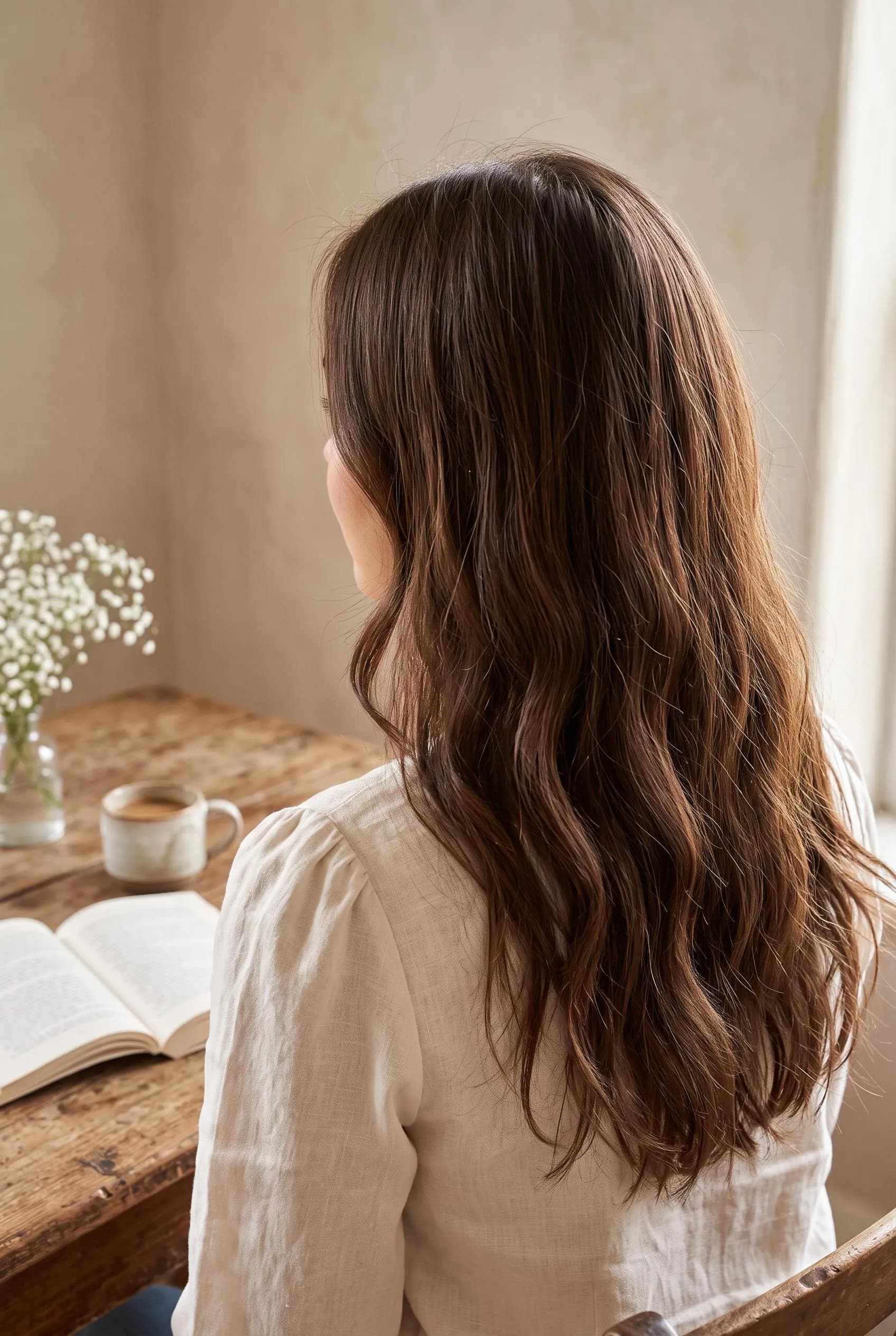 Long wavy warm chocolate brown hair at a wooden table