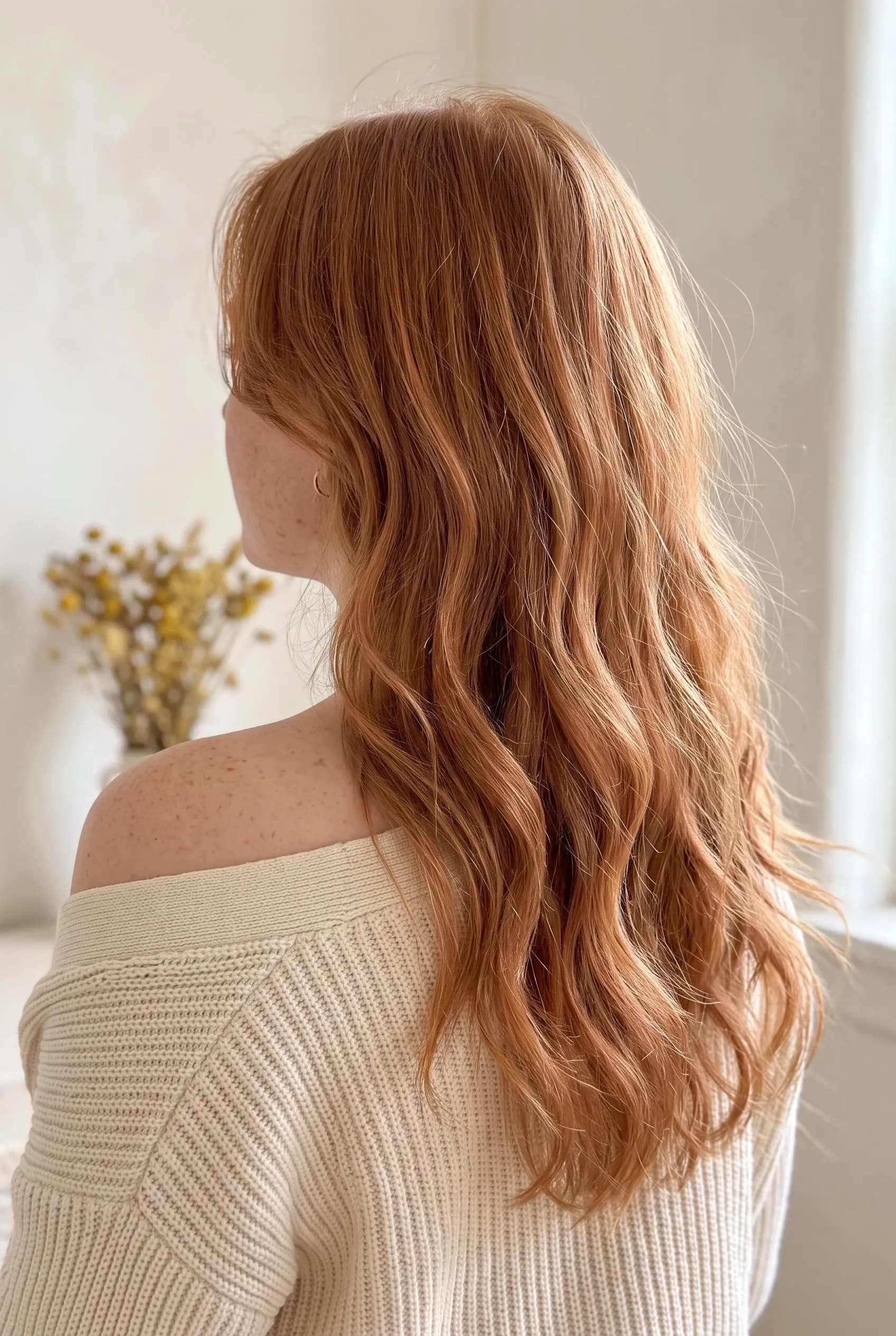 Long wavy soft copper hair on fair freckled skin