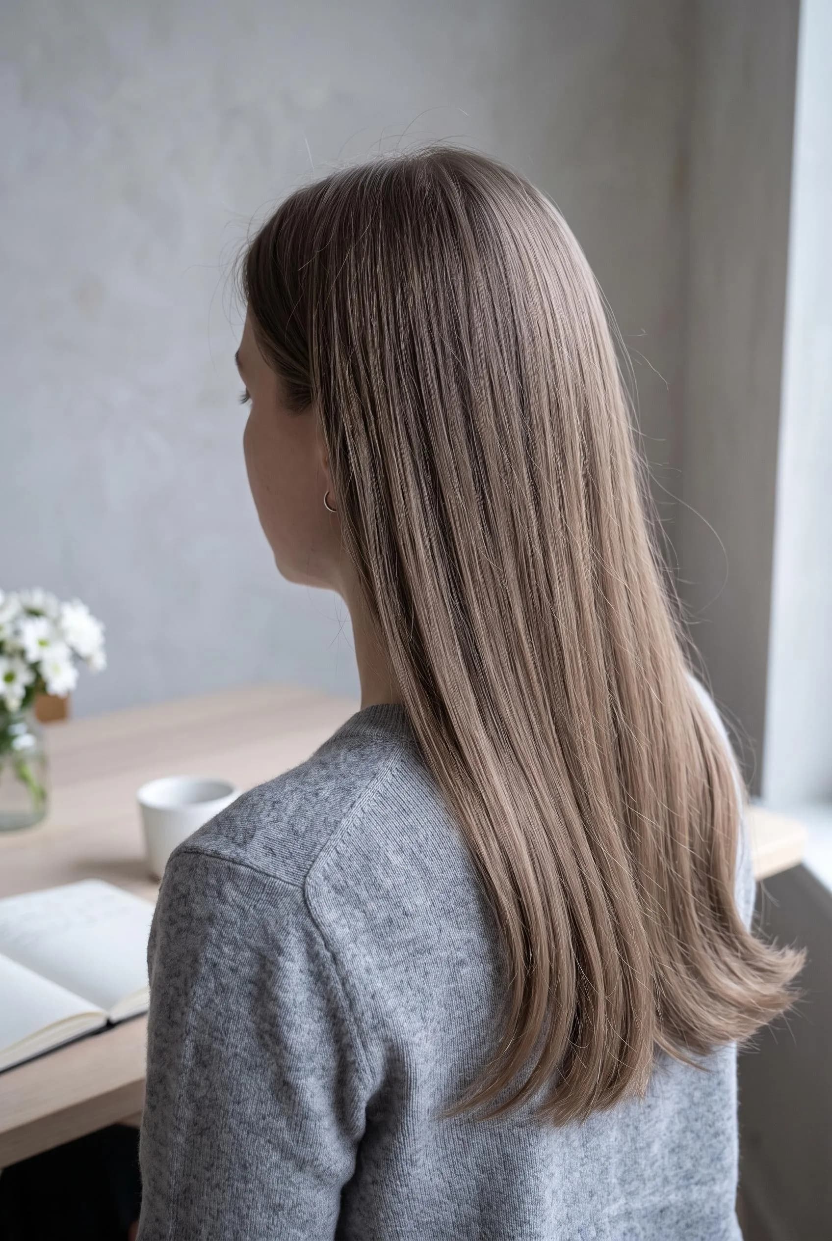 Long straight cool mushroom brown hair with an ash tone