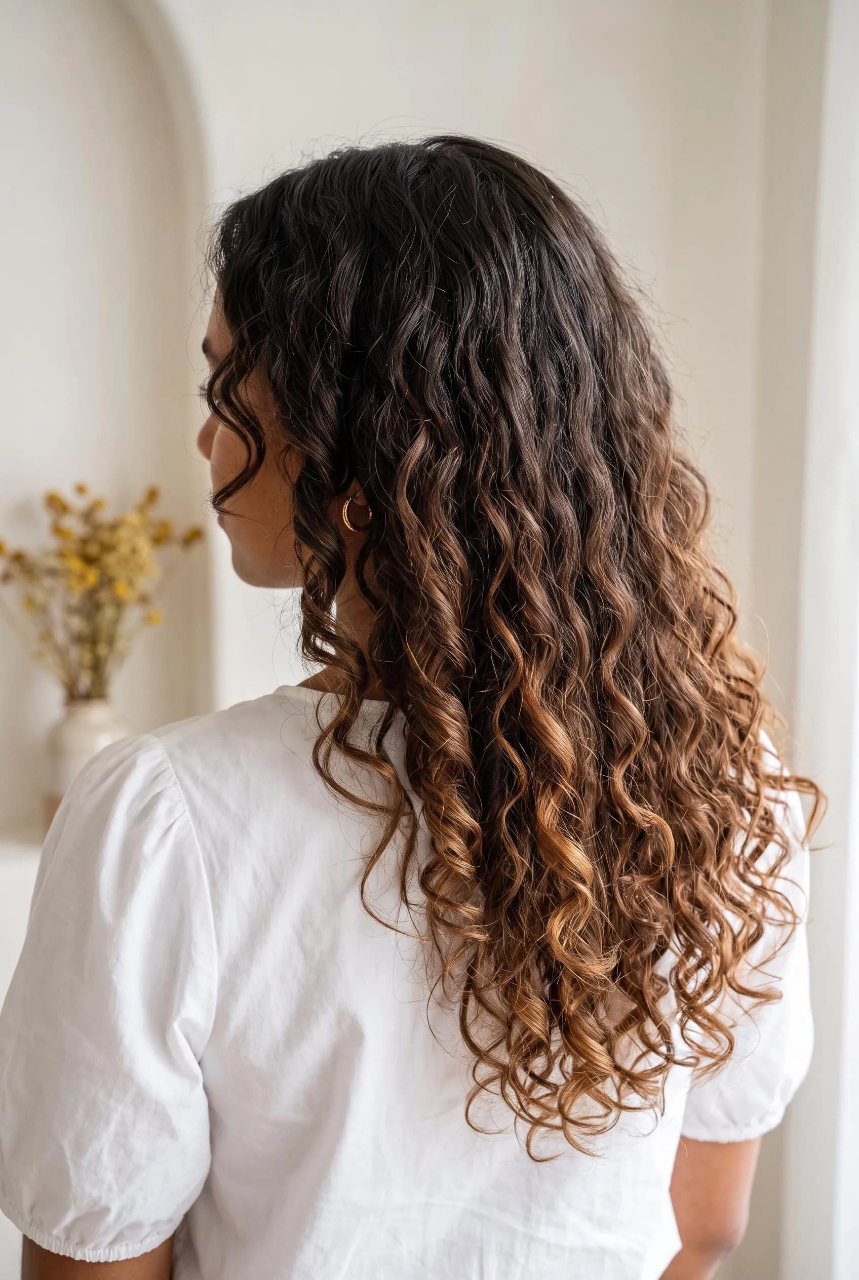 Dark brown curls with chestnut balayage from mid-length down