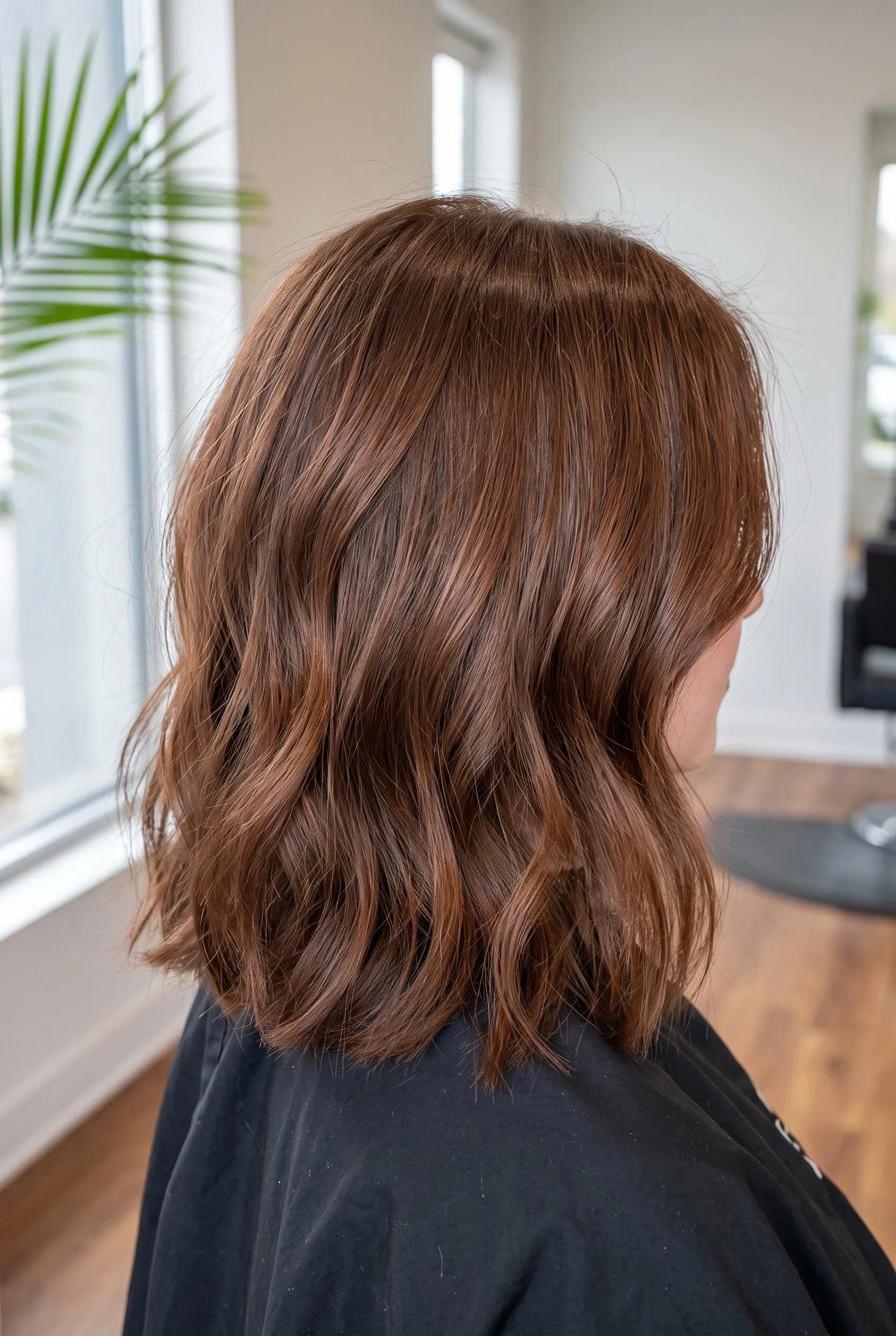 Wavy warm cinnamon brown lob in a bright salon
