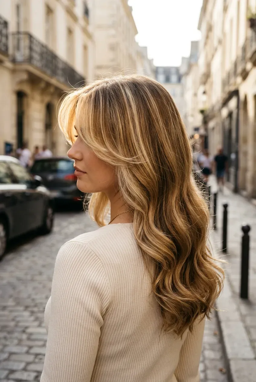 Long golden brown waves with blonde highlights and a green silk headscarf