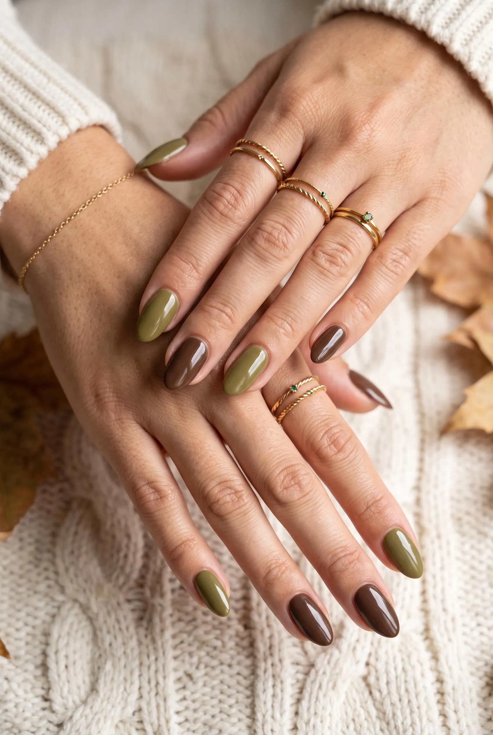 Almond nails alternating olive green and chocolate brown on a cream cable knit