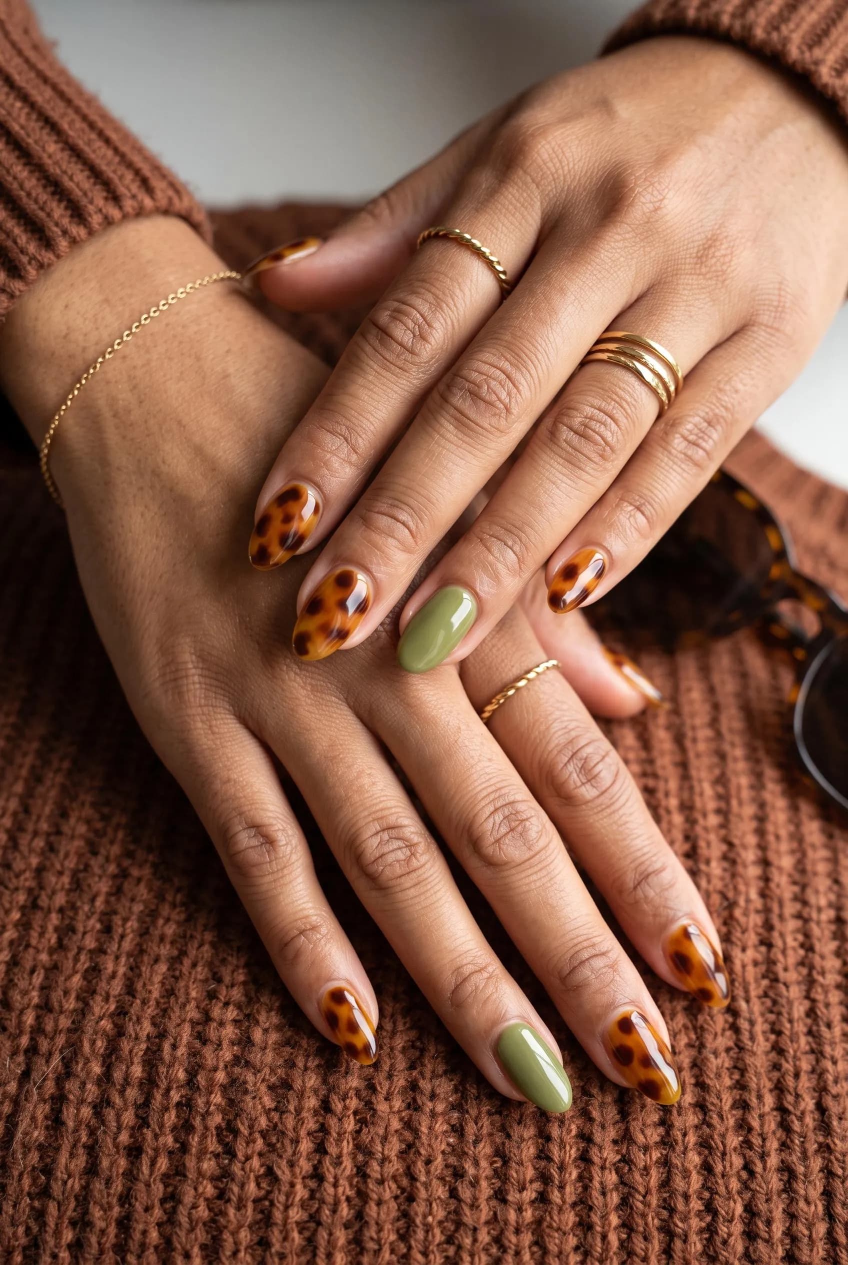 Amber tortoiseshell almond nails with olive green ring-finger accents