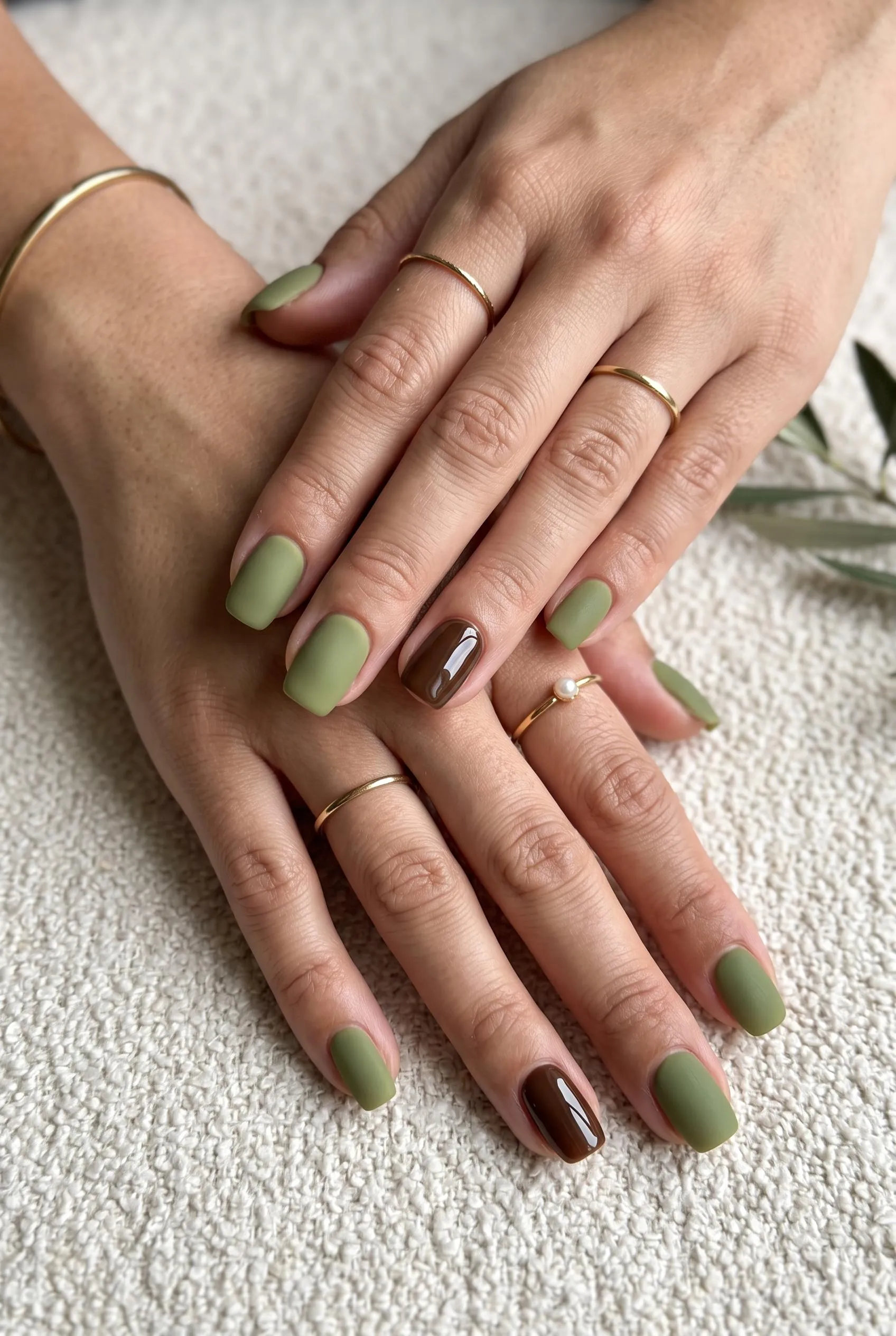 Matte olive green nails with glossy chocolate brown accent nails