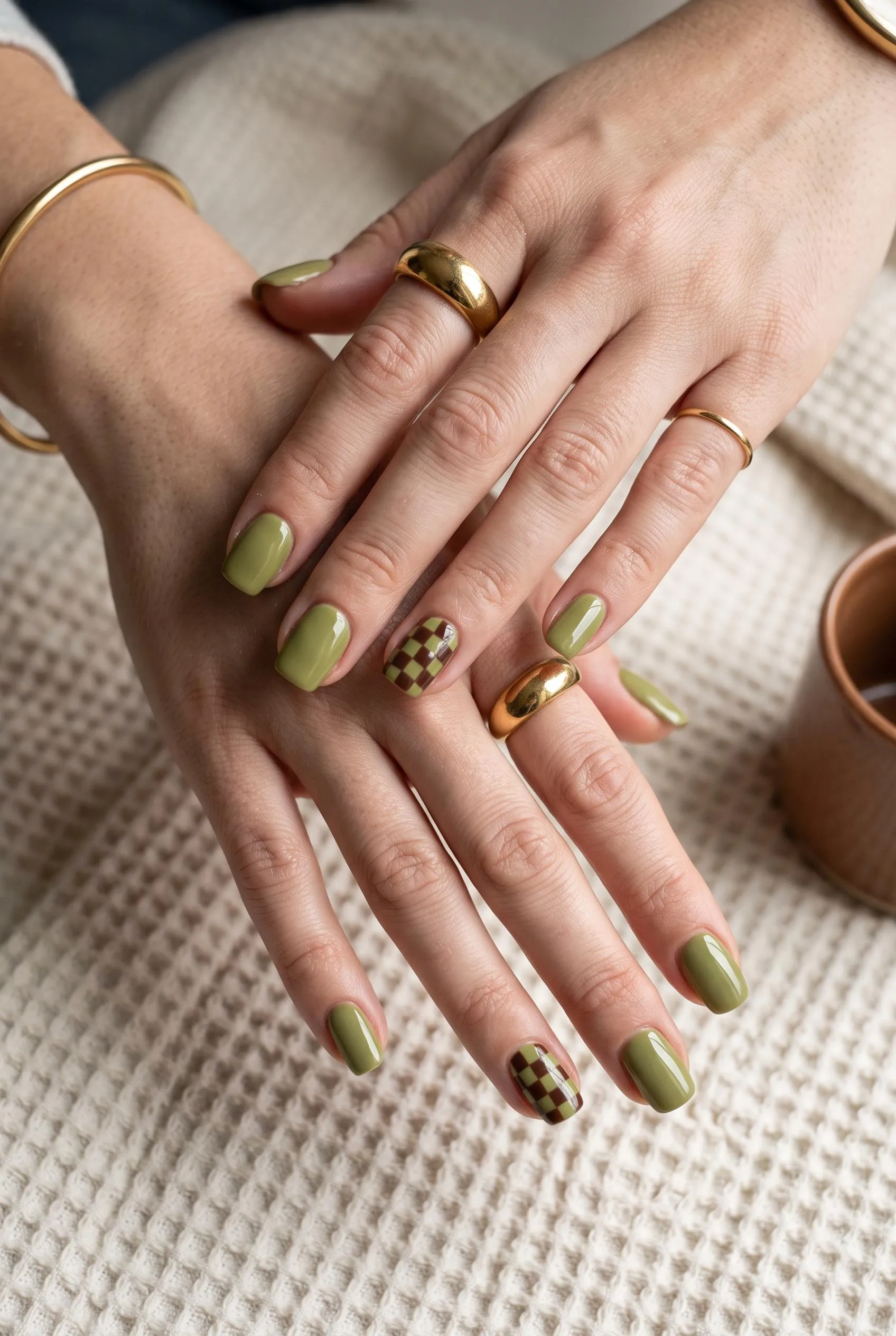 Olive green nails with a small olive and brown checkerboard on the accent nails