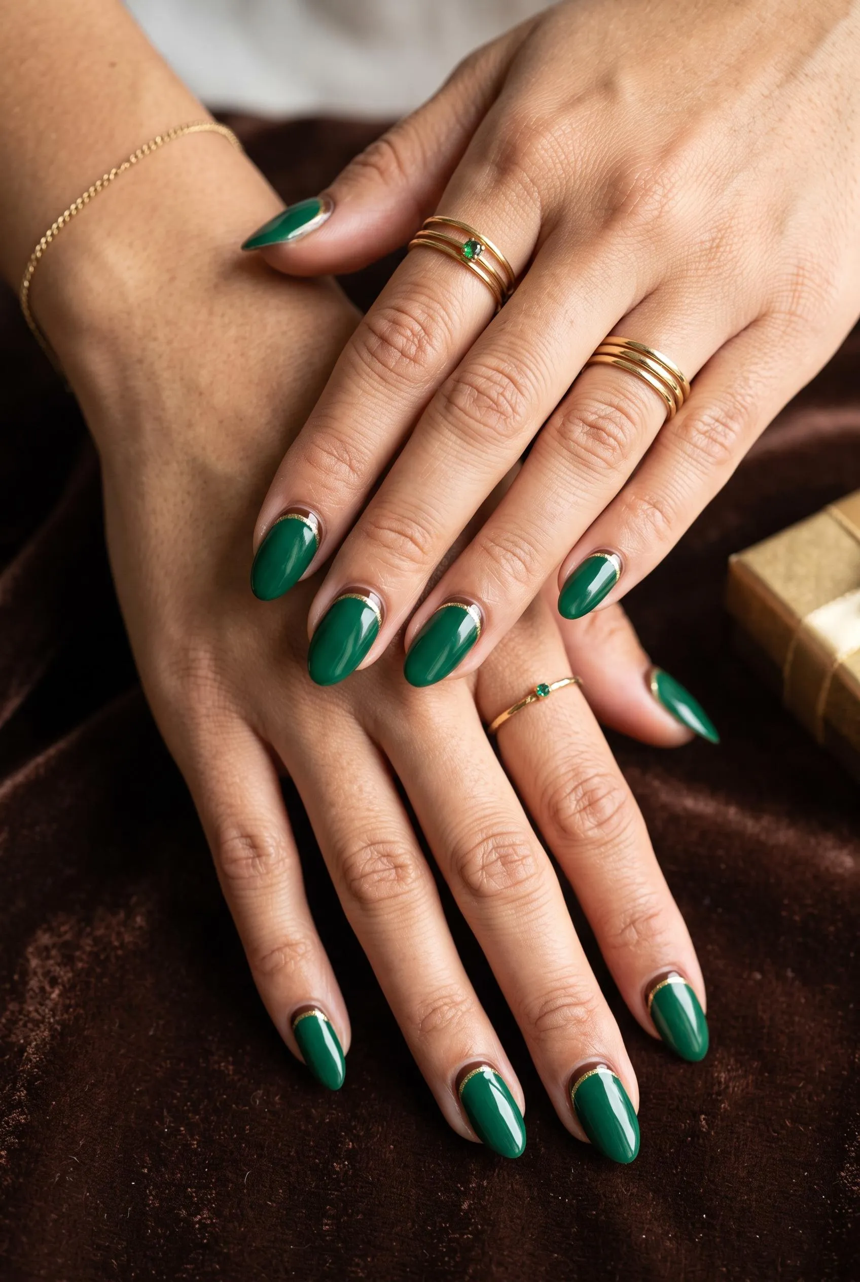 Glossy emerald green almond nails with a thin brown and gold cuticle line on brown velvet