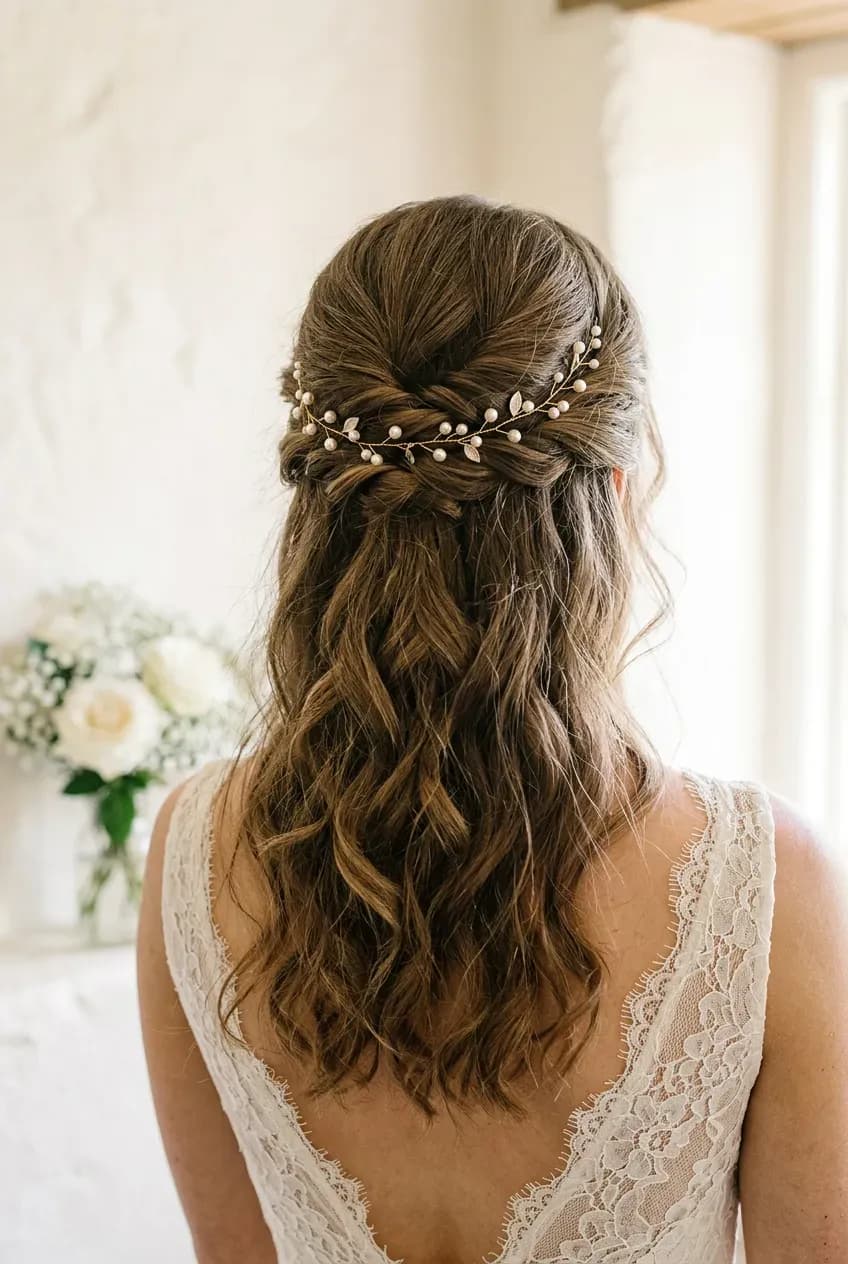 Half up half down wedding hairstyle with brown curls and a pearl hair vine