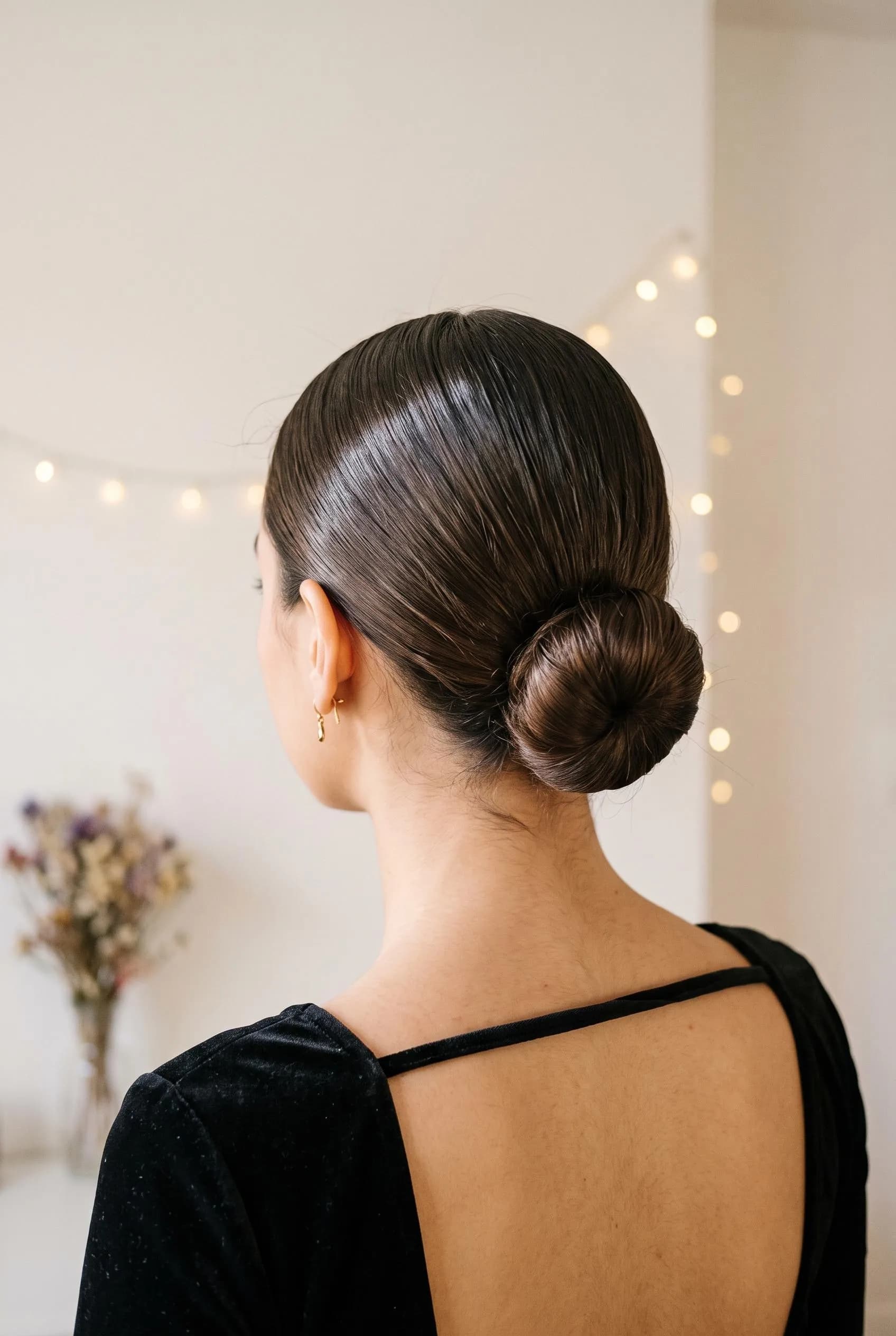 Half-up ponytail tied with a big burgundy velvet bow over soft light brown waves