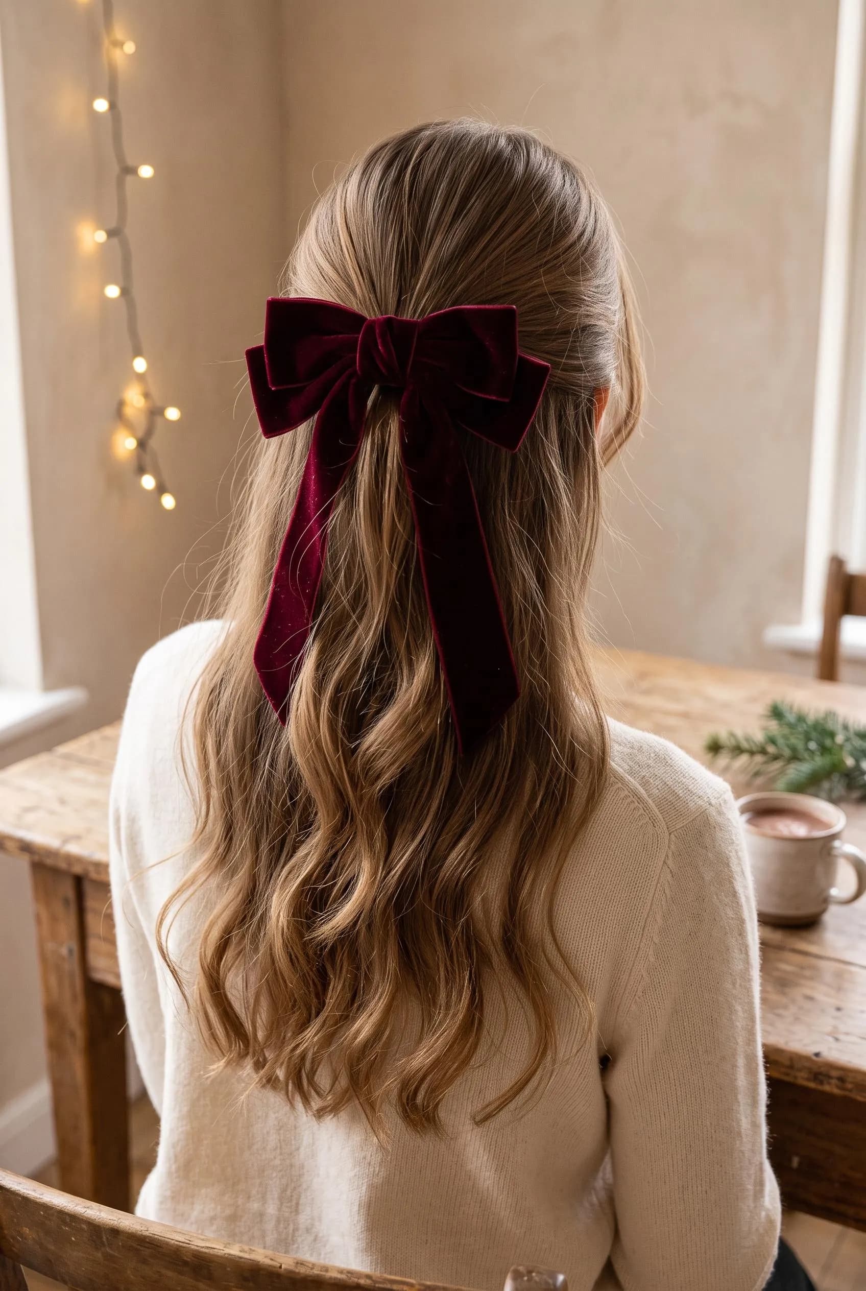 Half-up ponytail tied with a big burgundy velvet bow over soft light brown waves