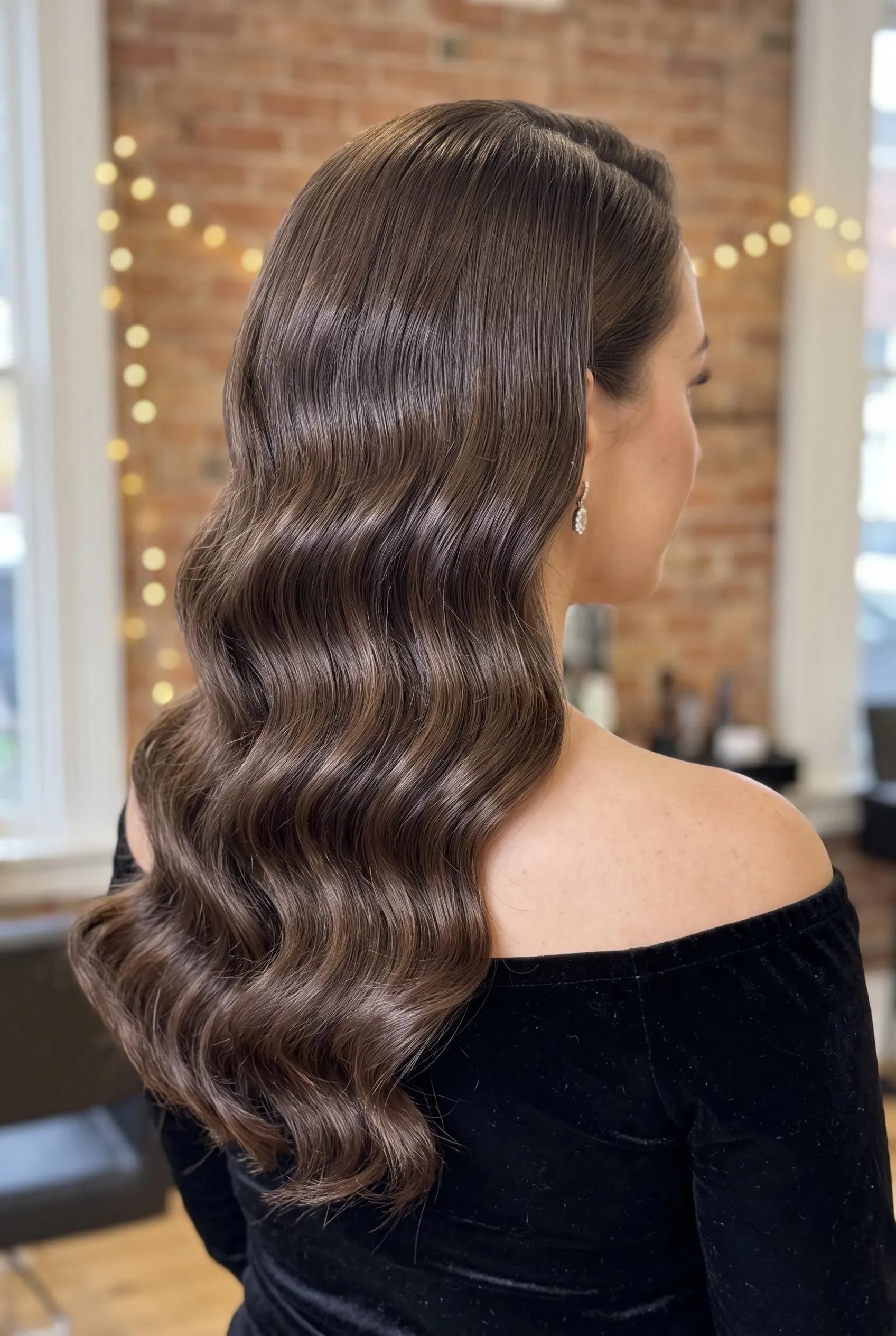 Glossy glam Hollywood waves swept over one shoulder with a black velvet top