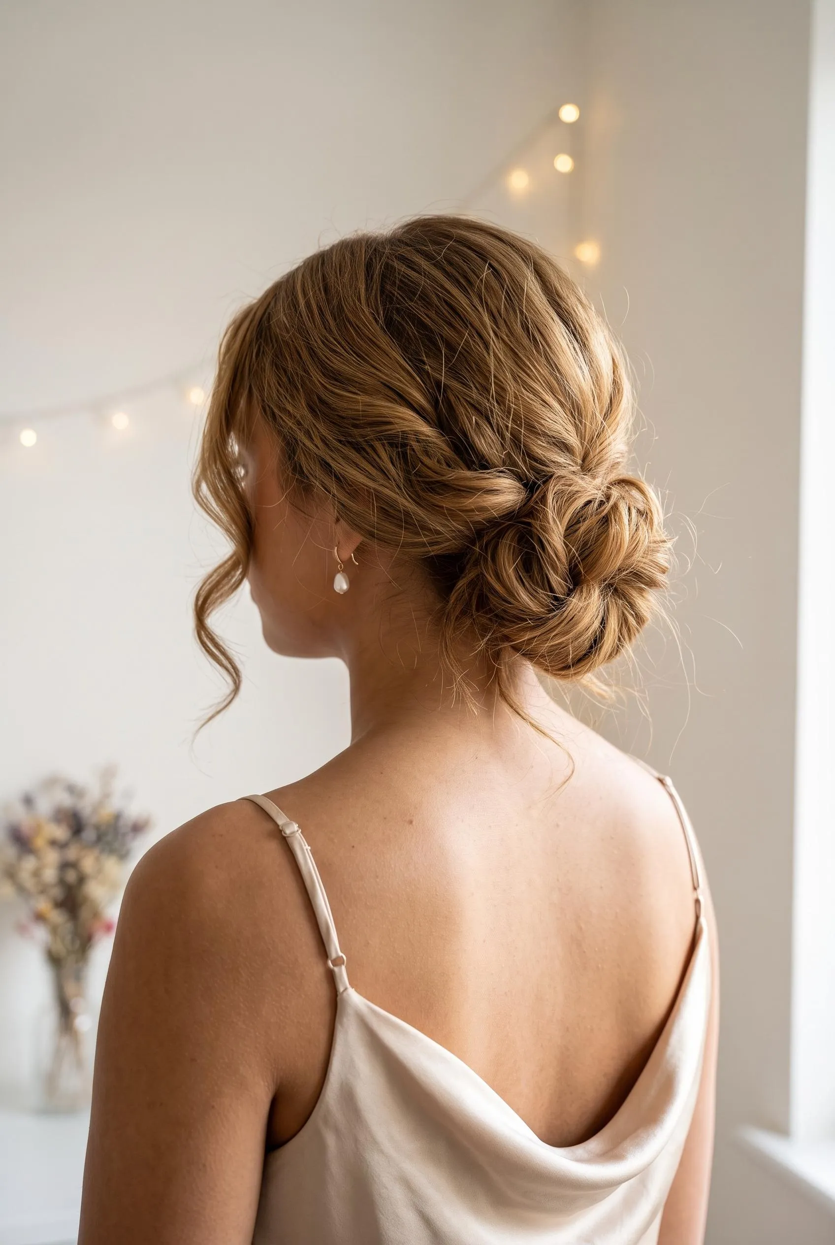 Soft textured low chignon with curled face-framing pieces and a champagne satin top