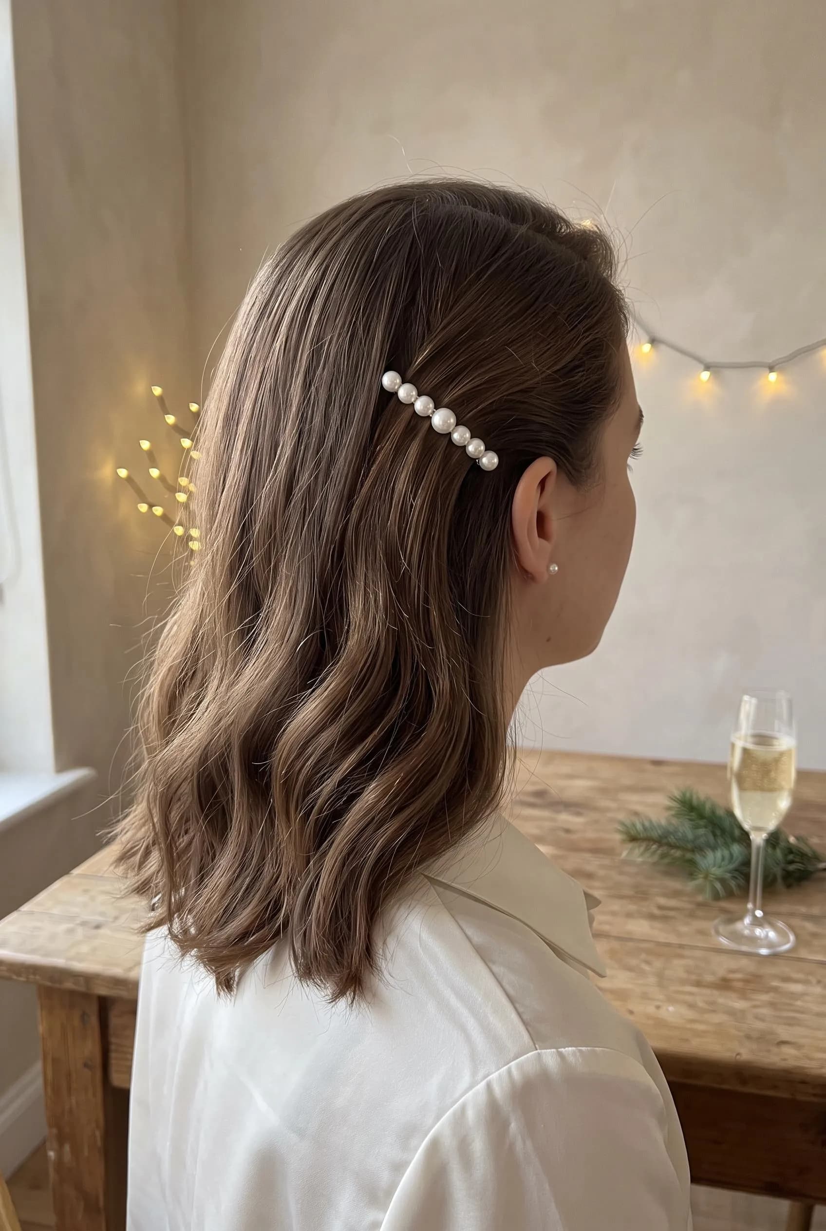 Deep side part with a row of pearl clips and soft chestnut waves