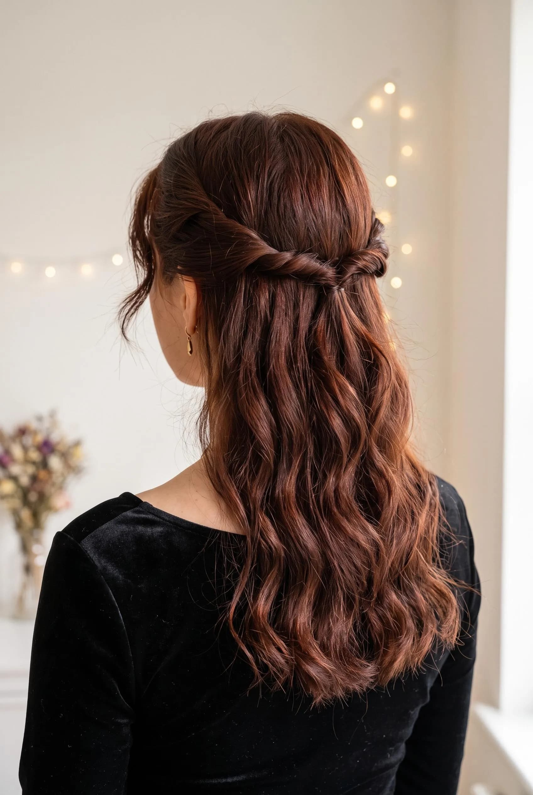 Twisted half-up on dark auburn hair with loose waves below