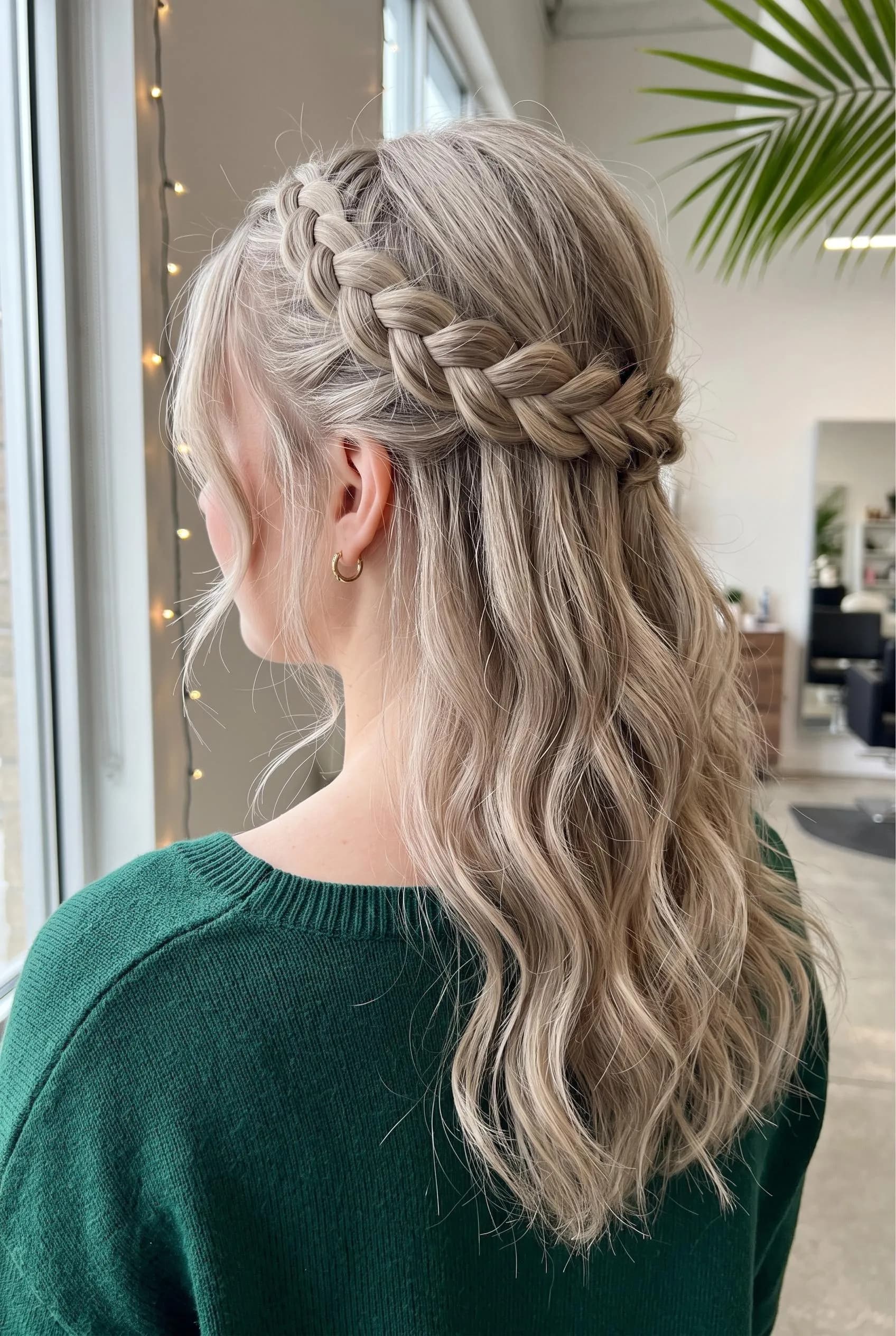 Braided crown across the top of the head on long ash-blonde waves