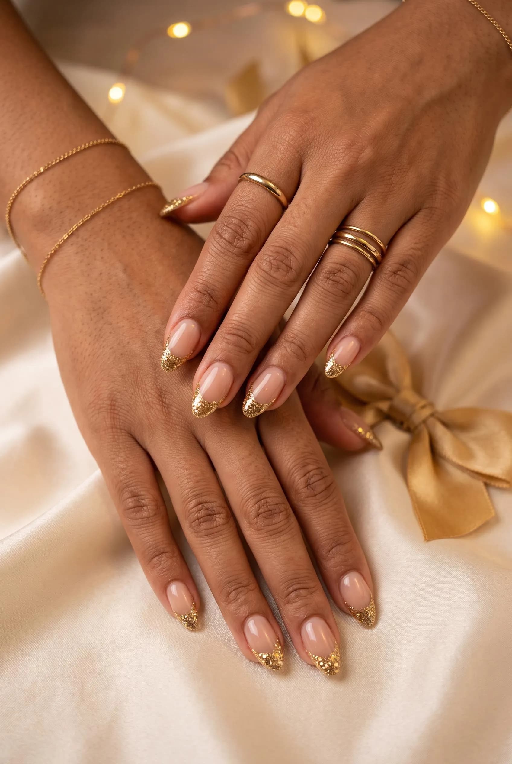 Almond nails with a sheer nude base and gold glitter French tips