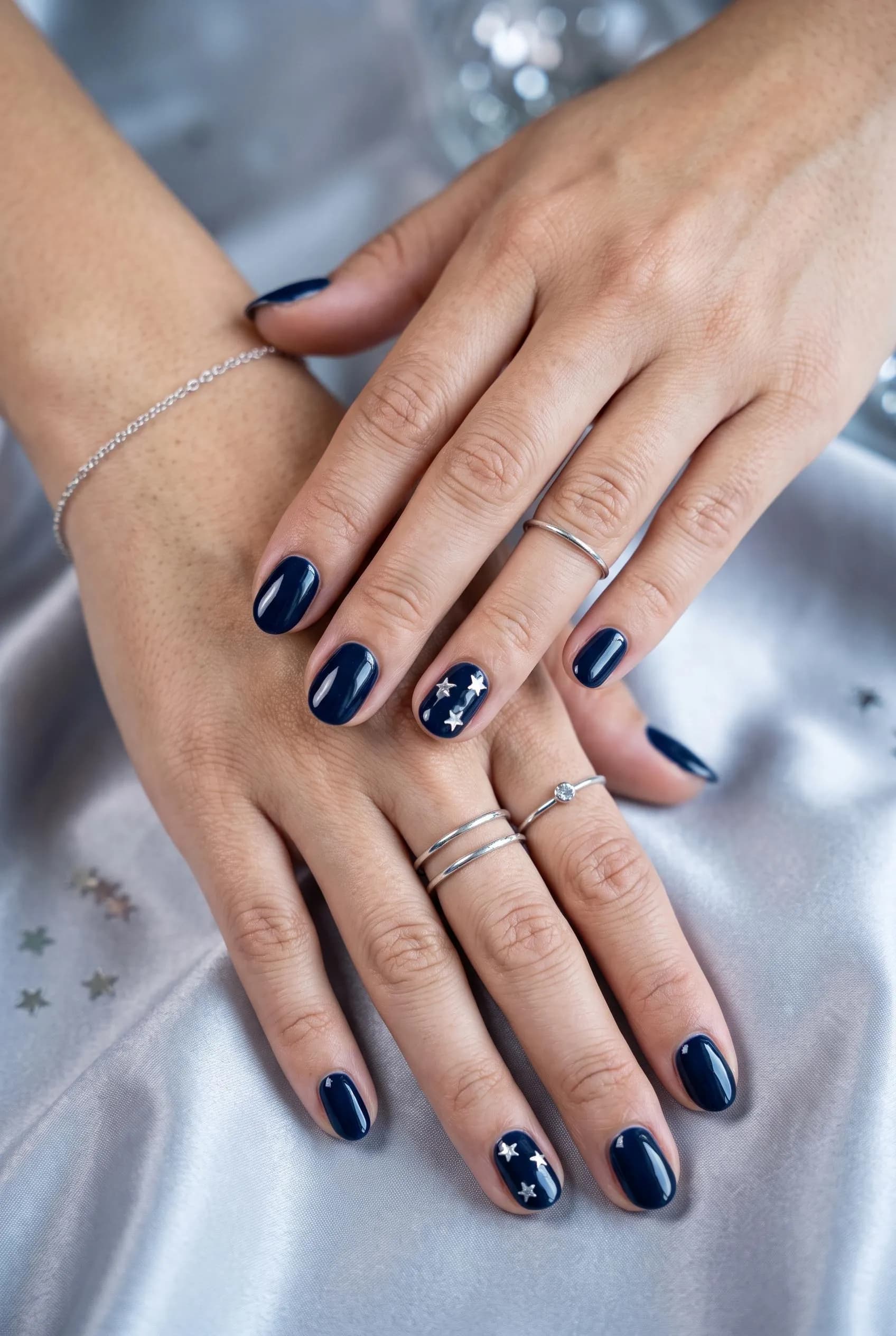 Short midnight navy nails with tiny silver stars on the accent nails