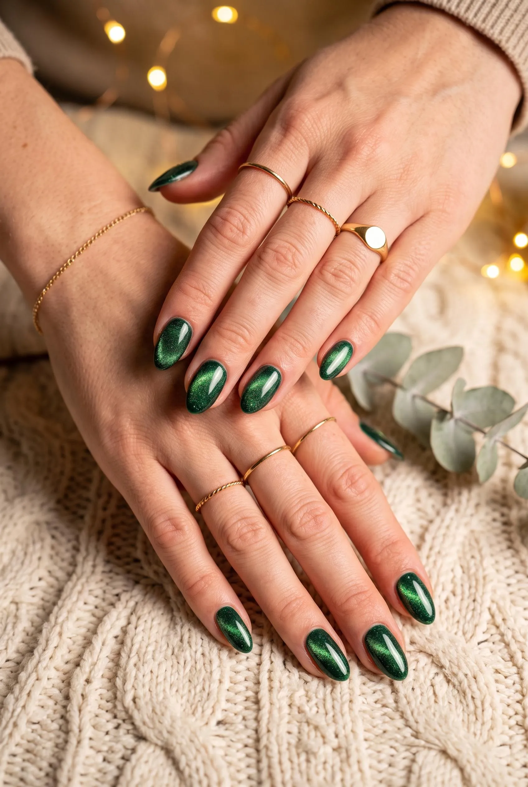 Emerald green velvet cat eye almond nails on a cream knit