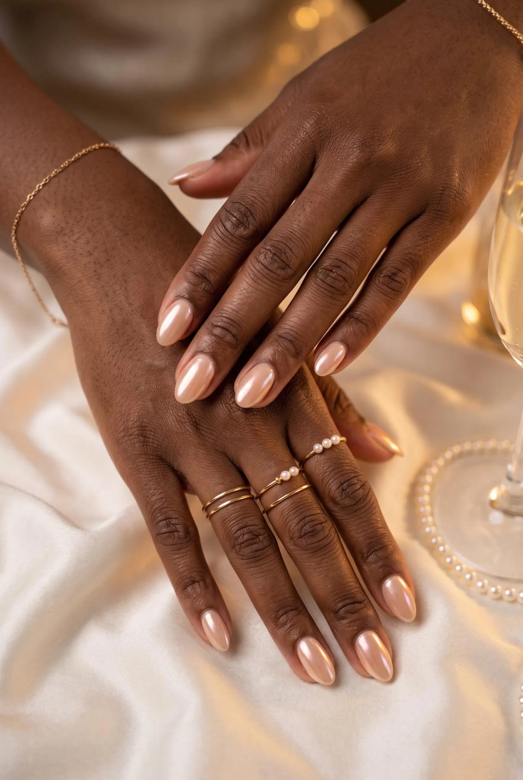 Short champagne nails with a pearly glazed finish on deep brown skin