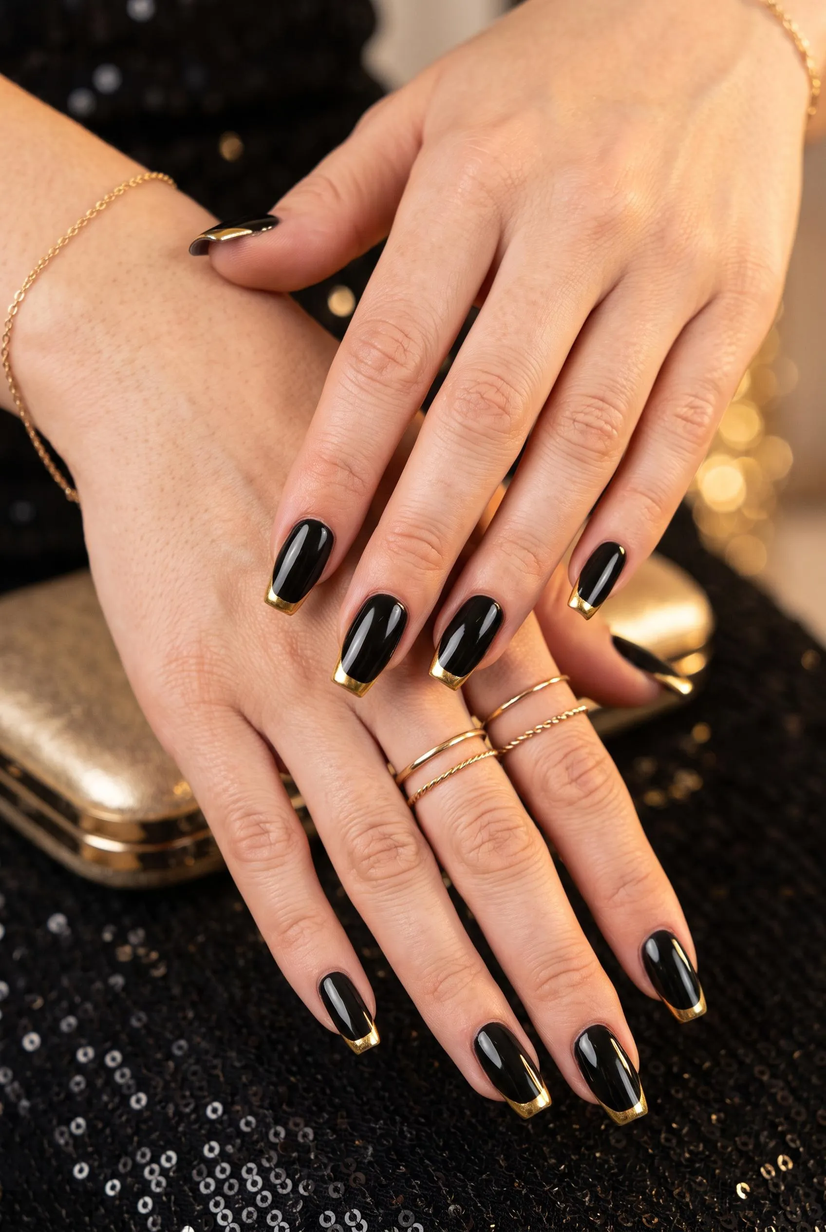 Glossy black coffin nails with thin gold chrome French tips