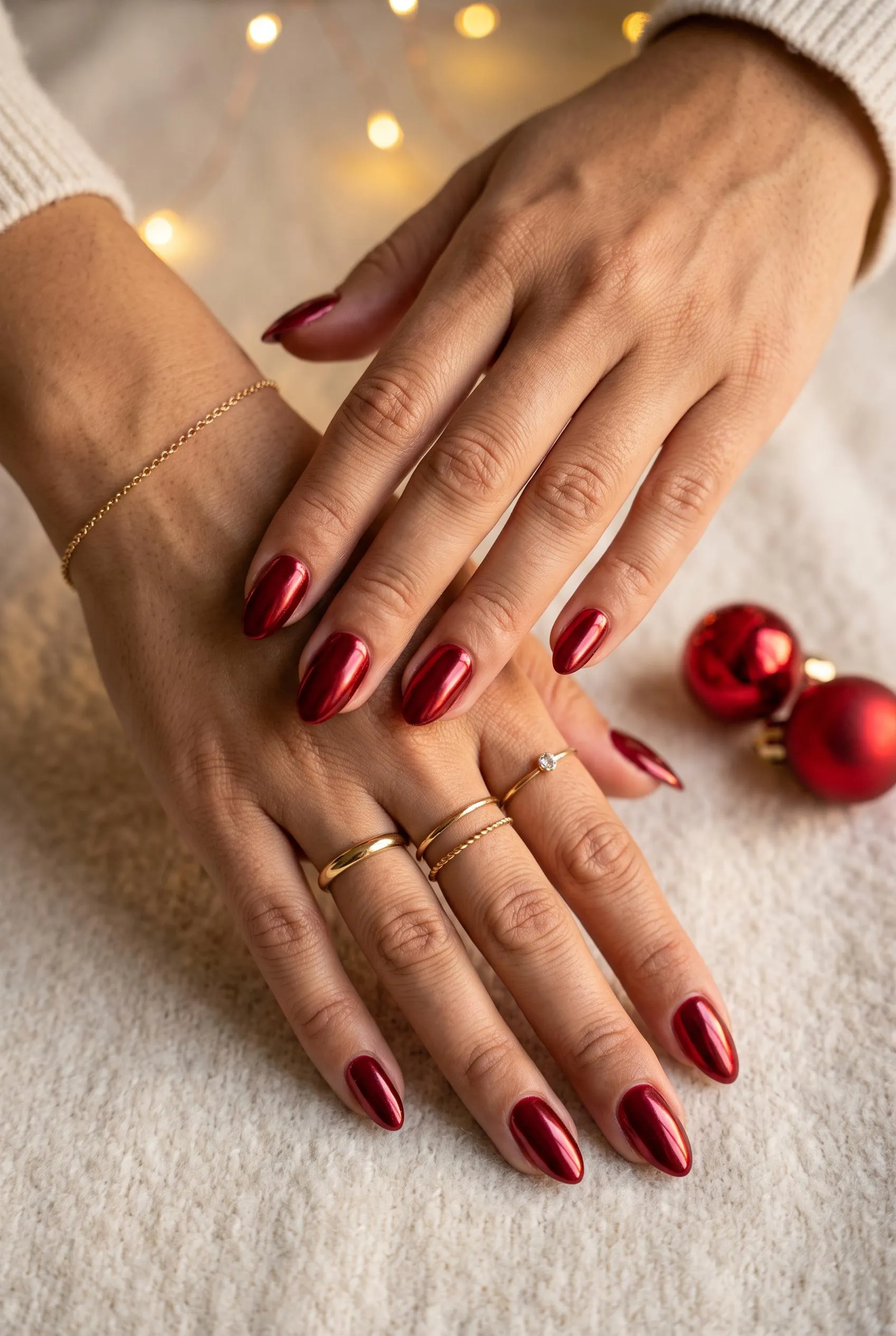 Deep ruby red chrome almond nails beside red Christmas ornaments