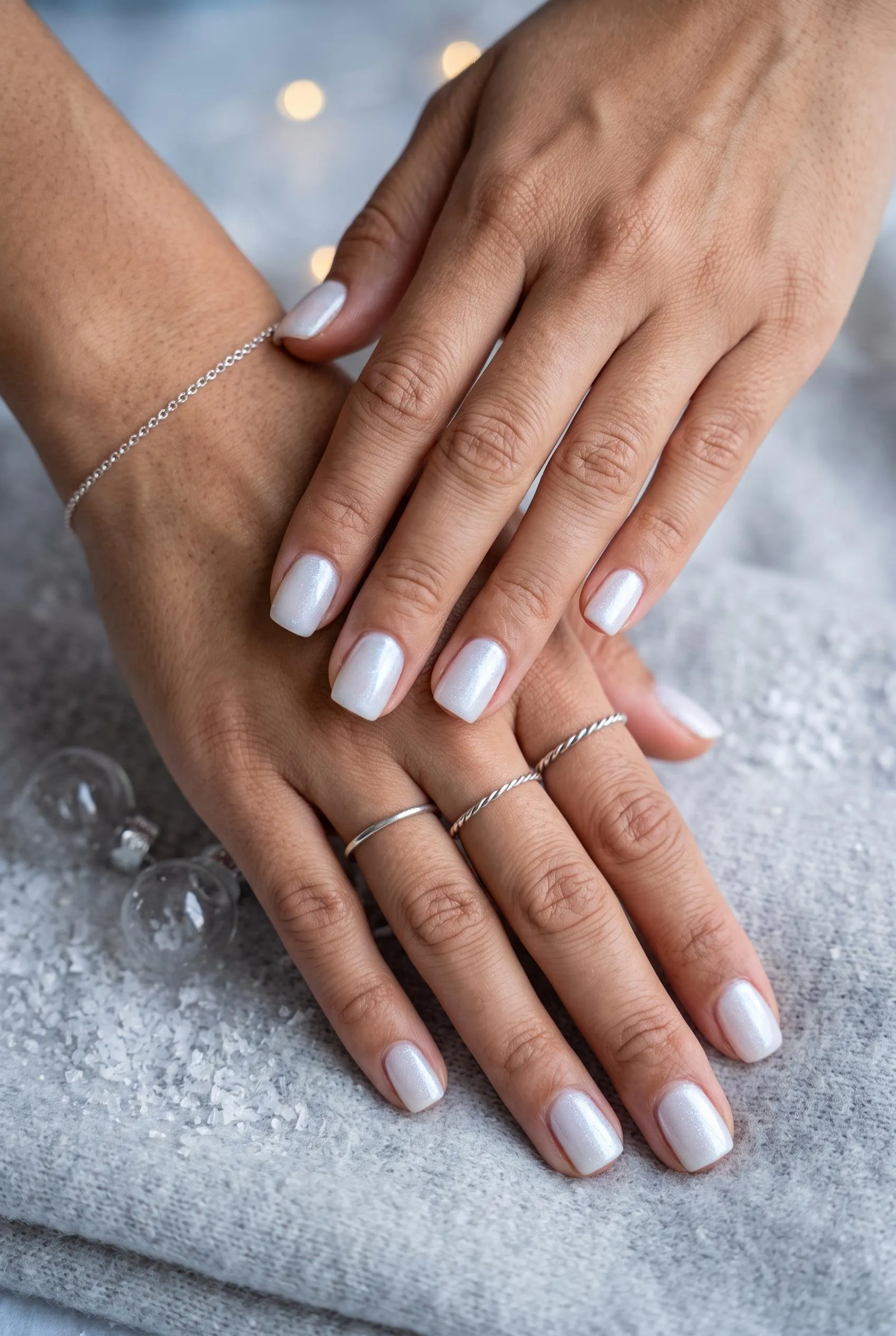 Short milky white nails with an iridescent frosted shimmer