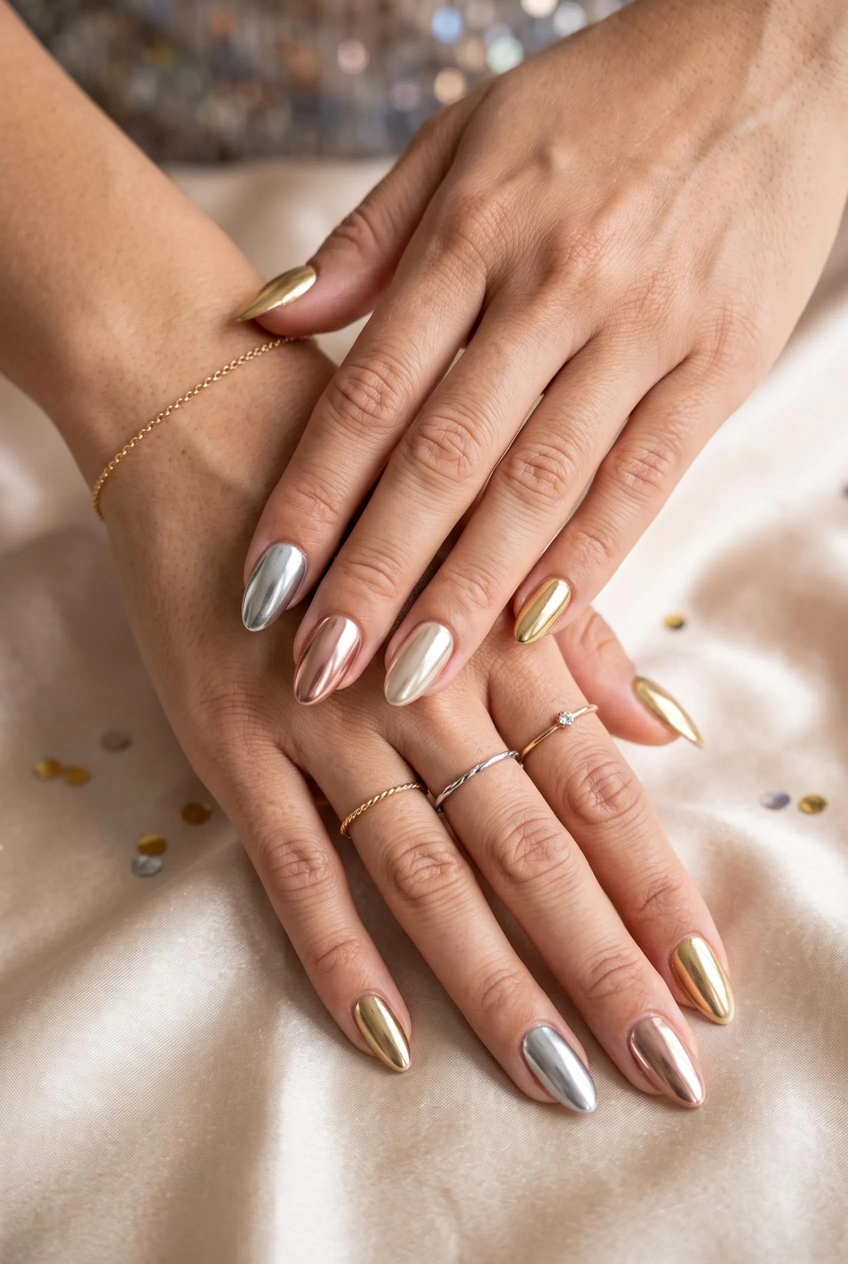 Almond nails in mixed gold, silver, rose gold and champagne chrome