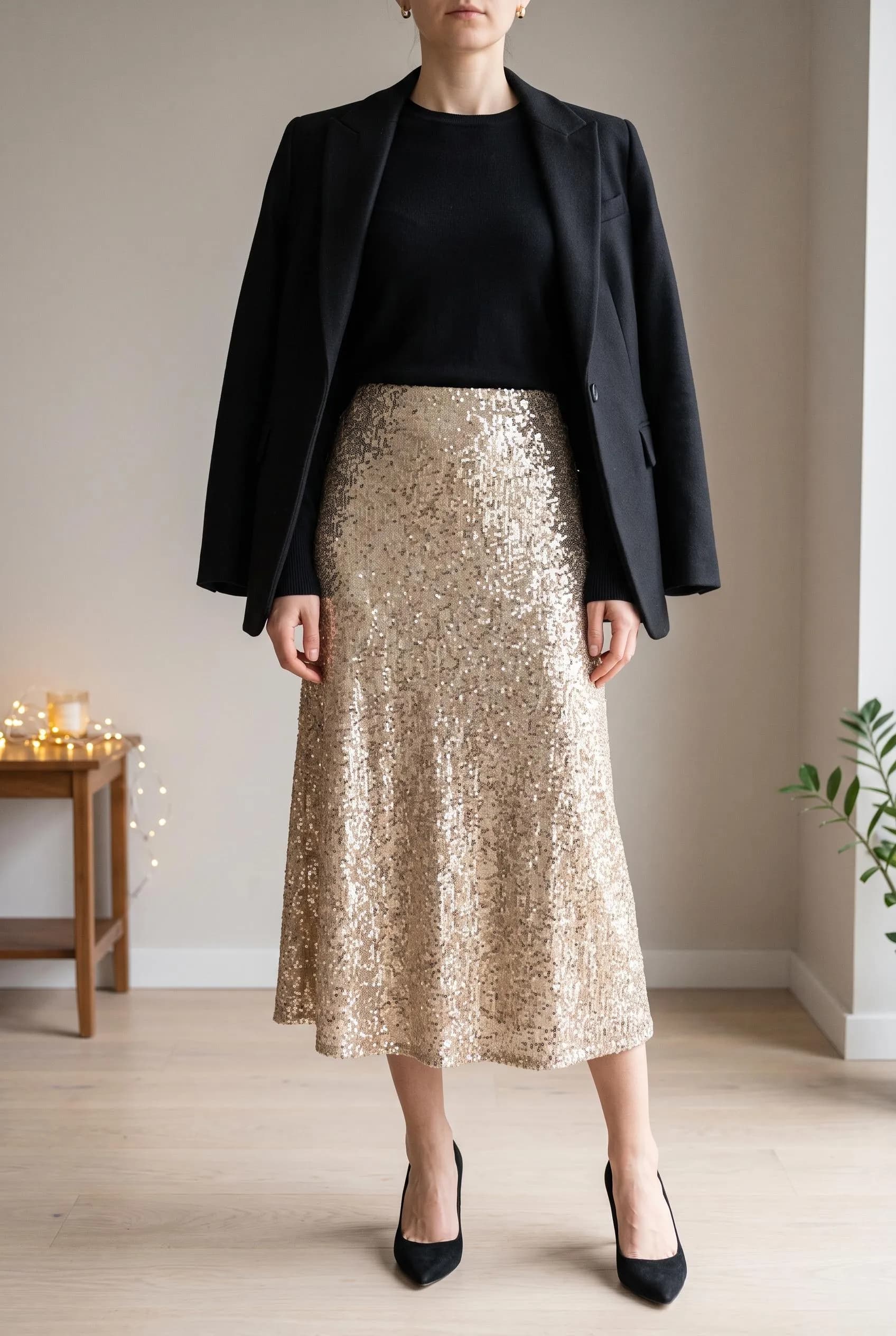 Champagne sequin midi skirt with a black knit top and a black blazer over the shoulders