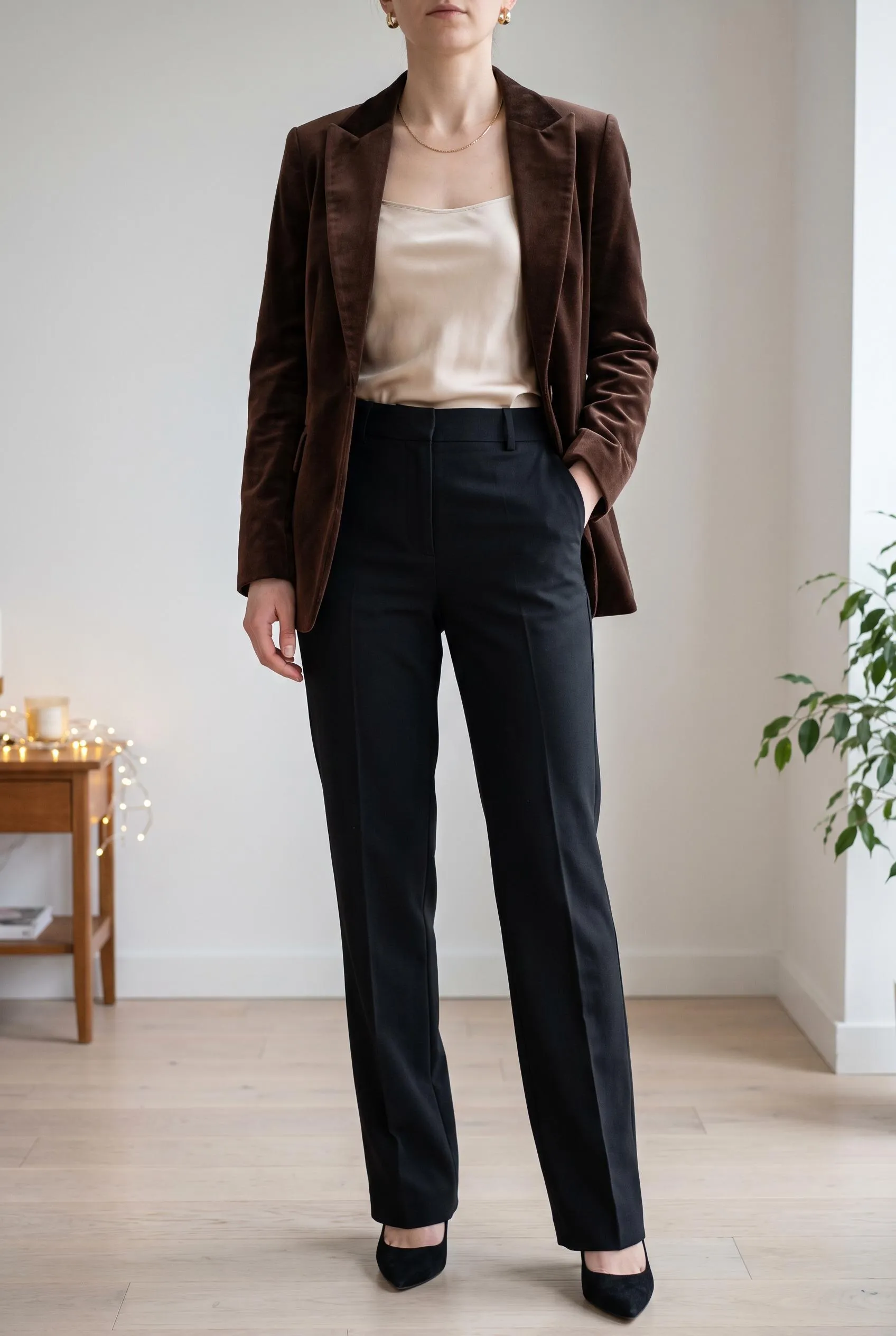 Chocolate velvet blazer over a champagne silk cami with black tailored trousers