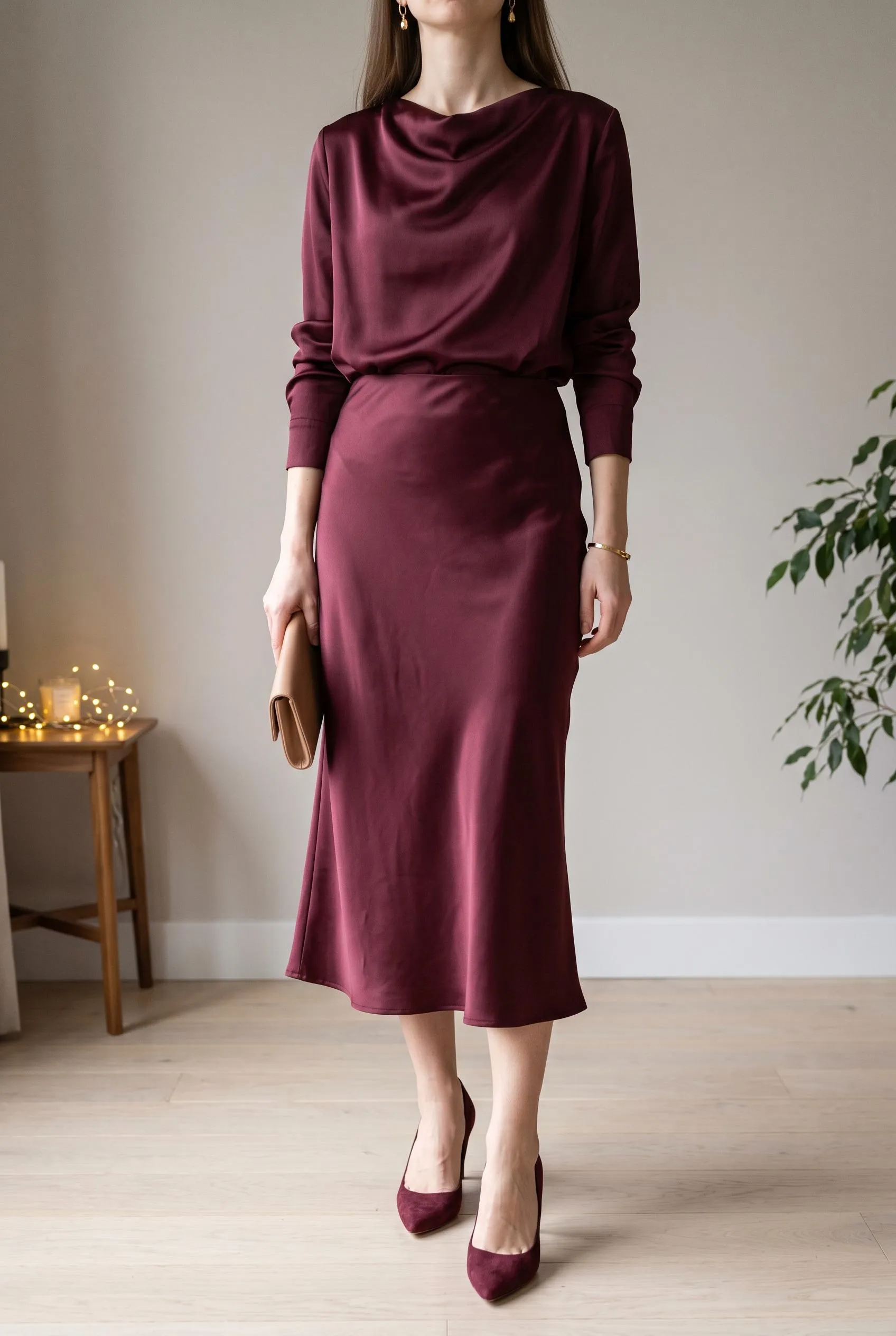 Matching burgundy satin blouse and midi skirt with burgundy heels