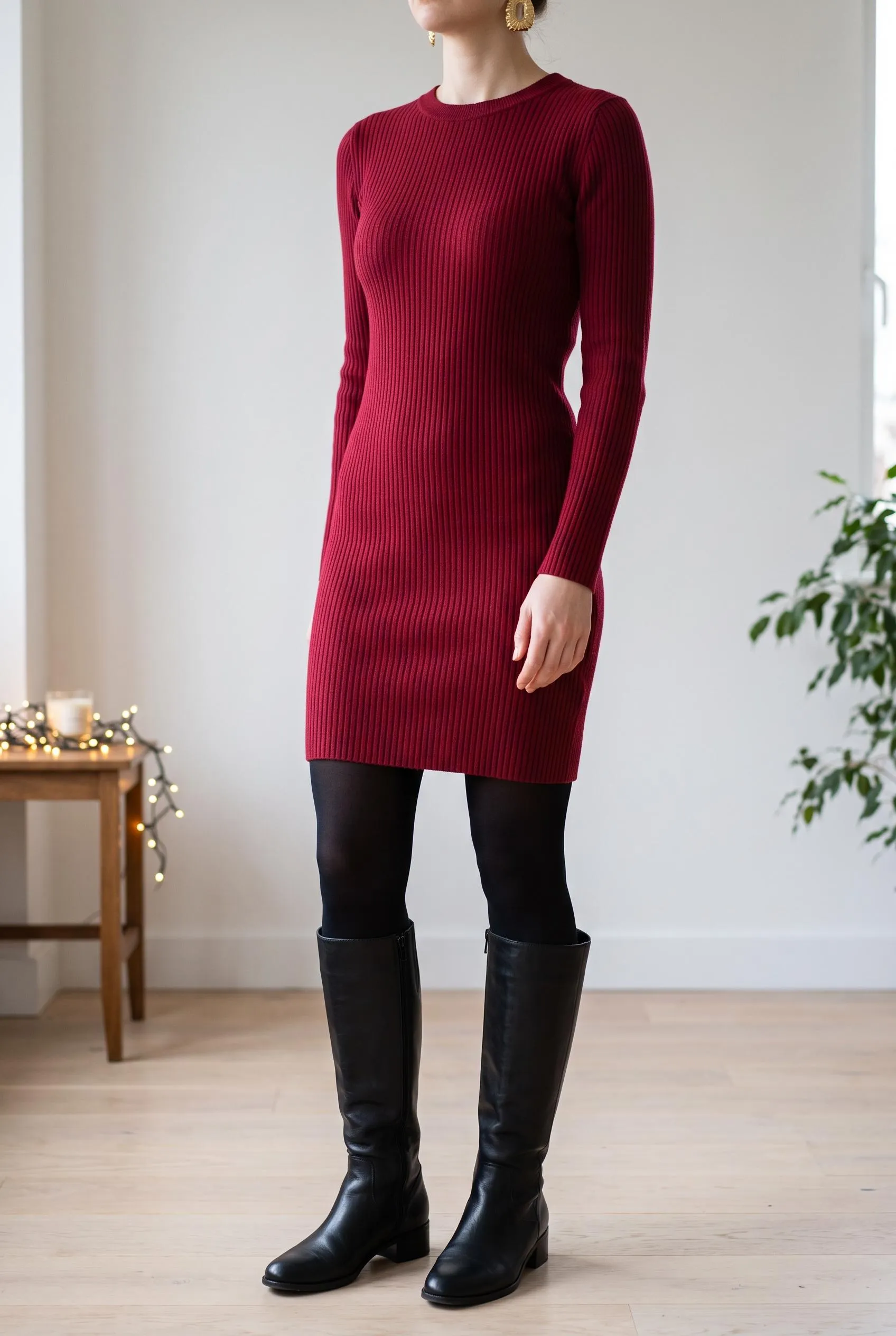 Cranberry red ribbed sweater dress with black tights and black knee boots