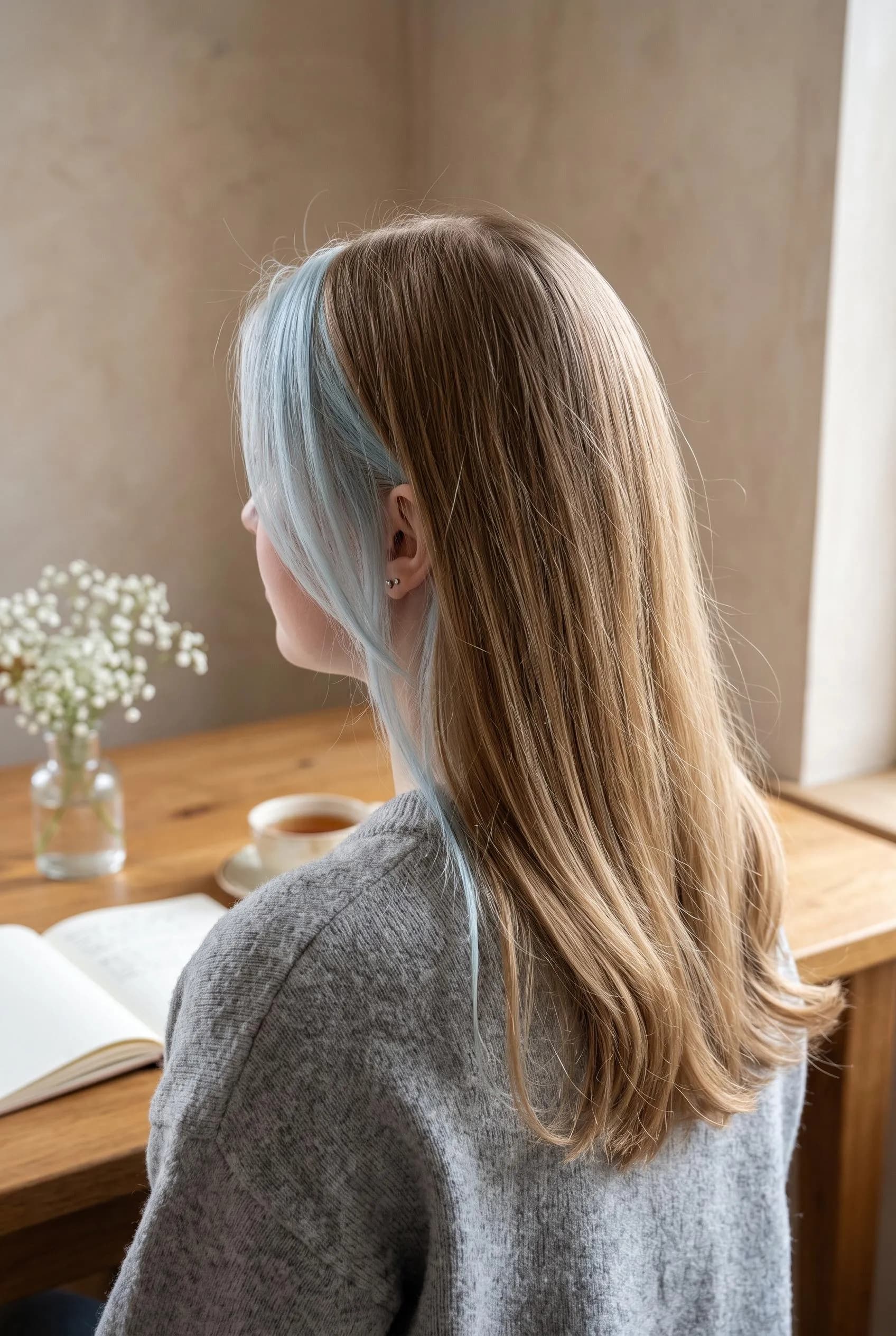 Light brown hair with an icy pastel blue money piece framing the face