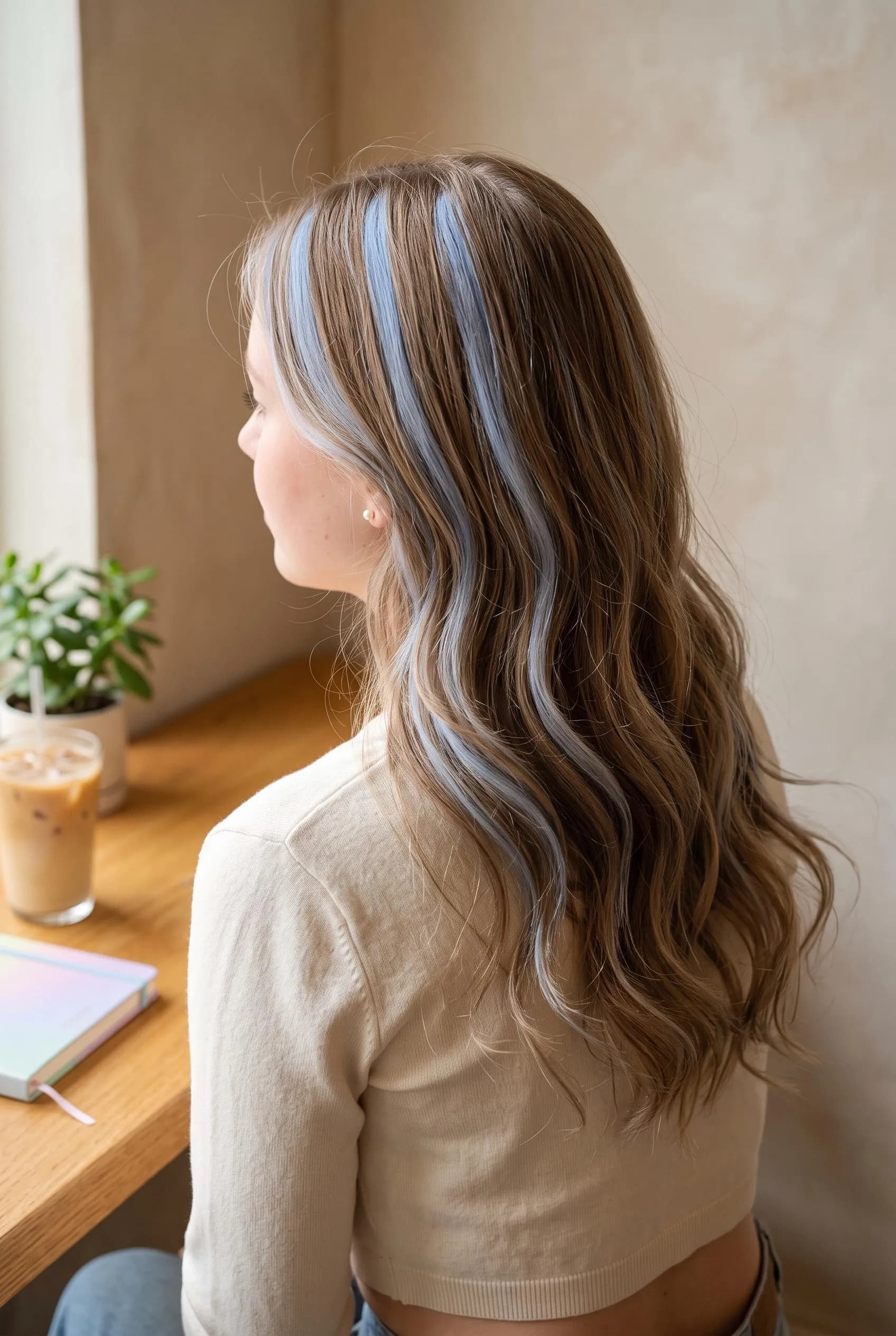 Light brown waves with soft pastel blue streaks through the top layer