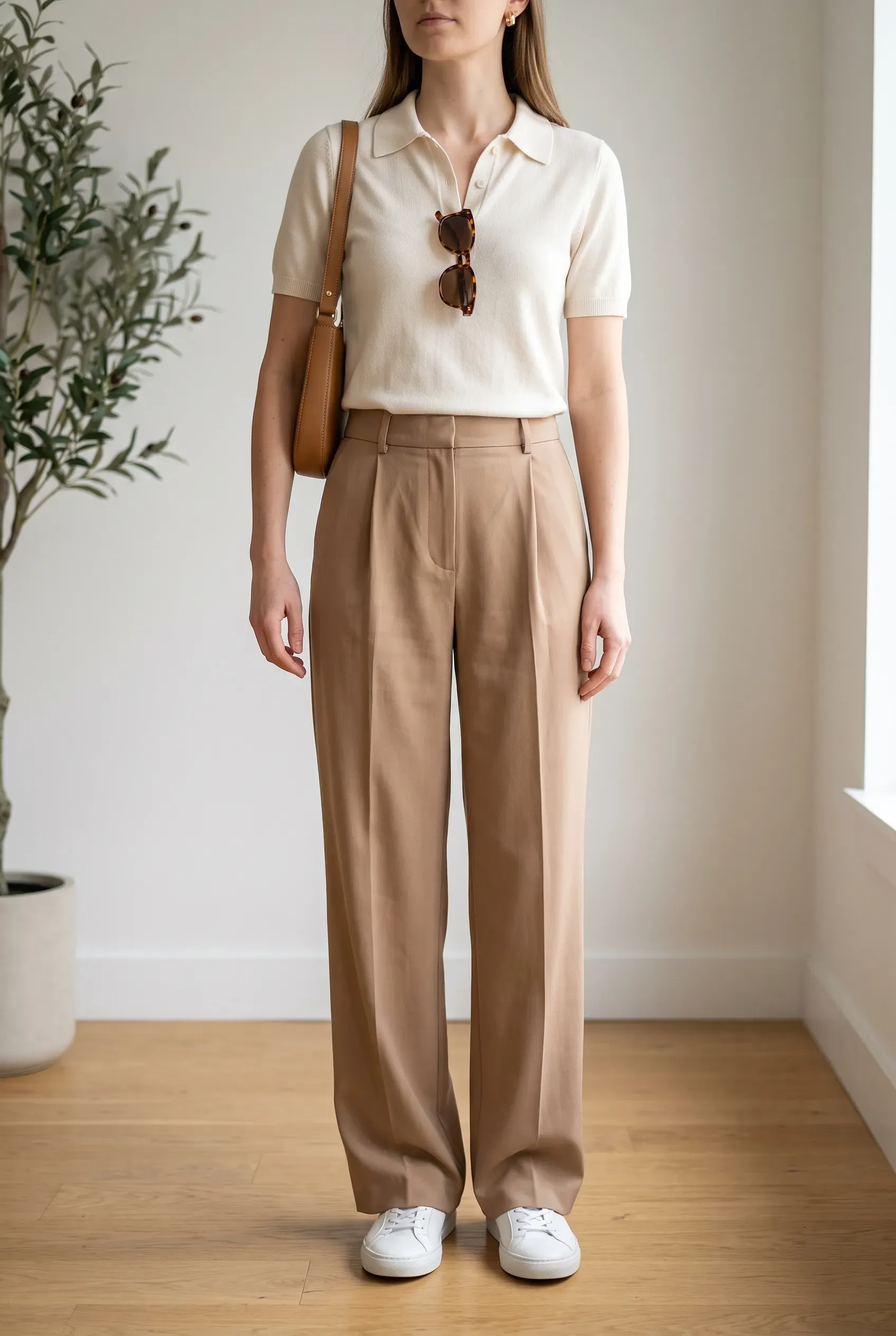 Cream short-sleeve knit polo tucked into light brown wide-leg trousers with white sneakers and a tan shoulder bag