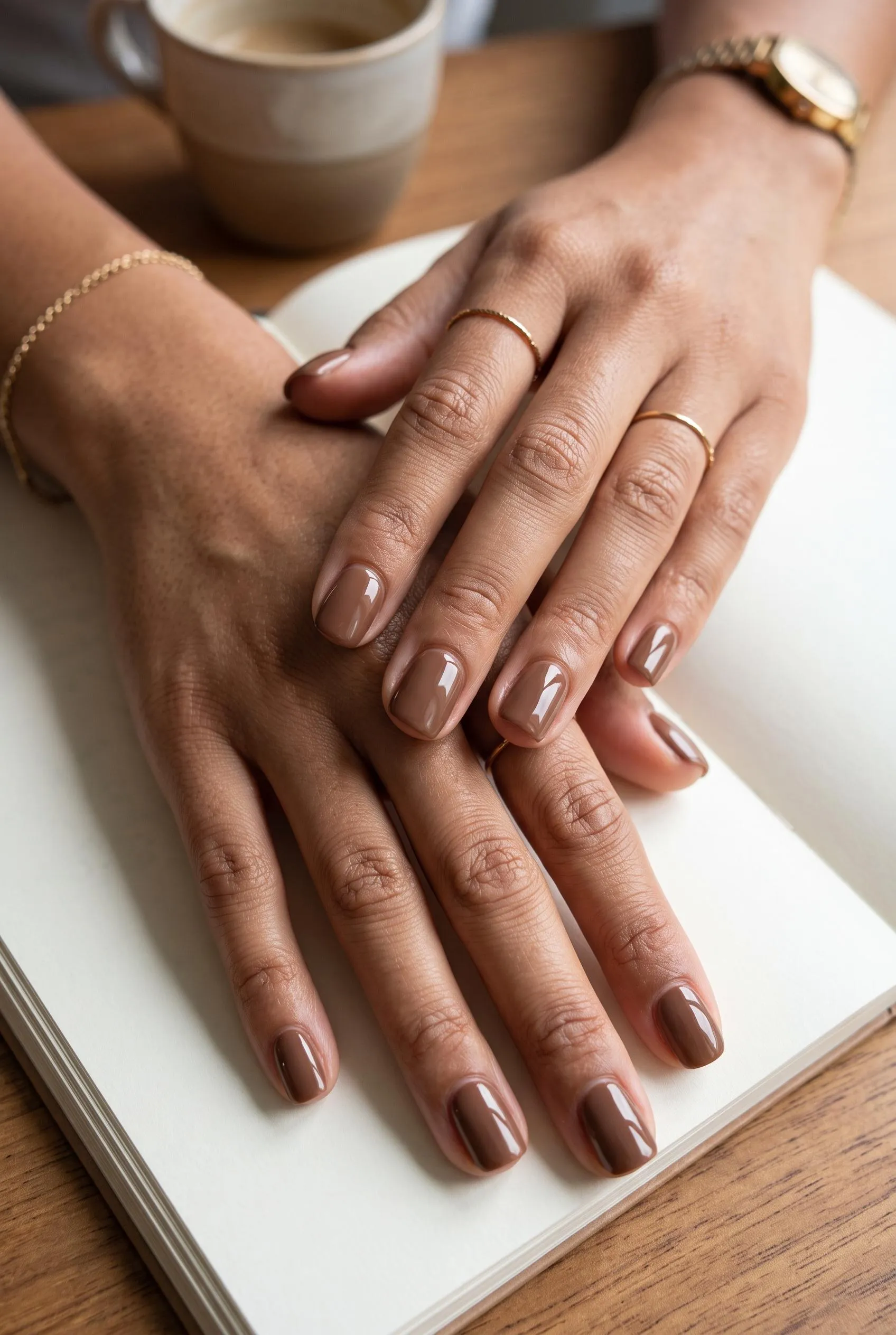 Short glossy mocha squoval nails on an open notebook