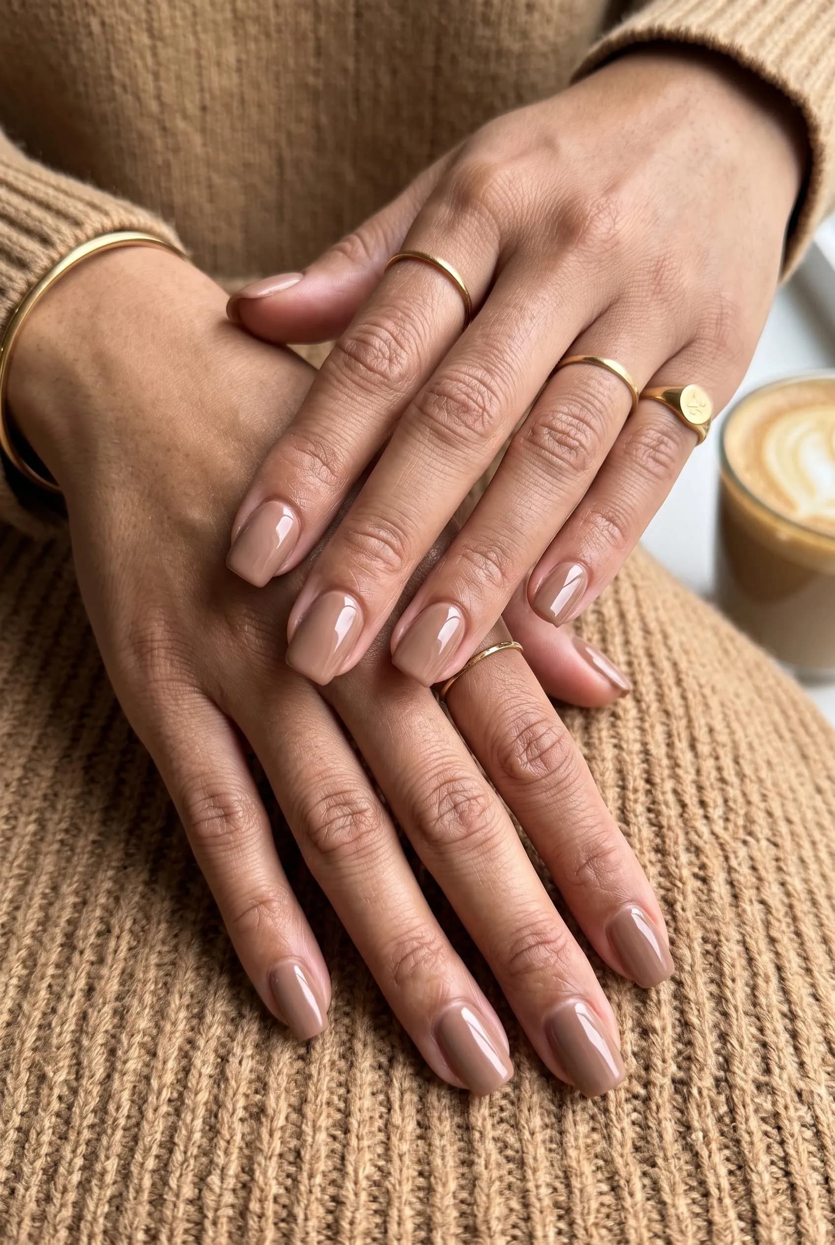 Creamy mocha brown square-oval nails on medium brown skin over a camel knit