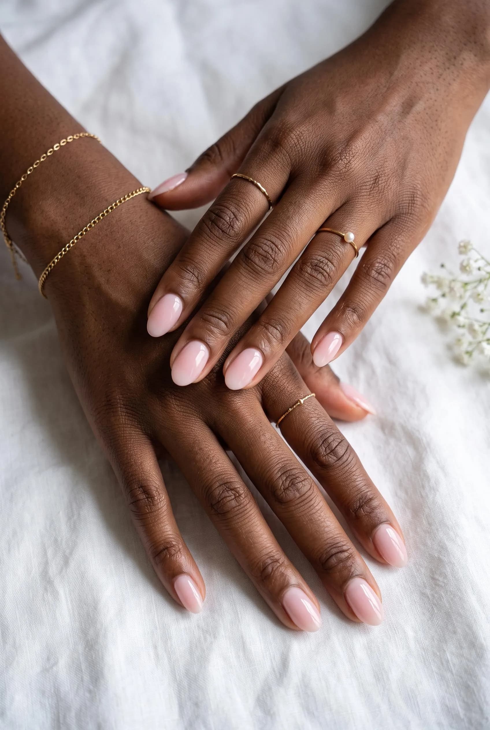 Sheer milky pink almond nails on deep brown skin