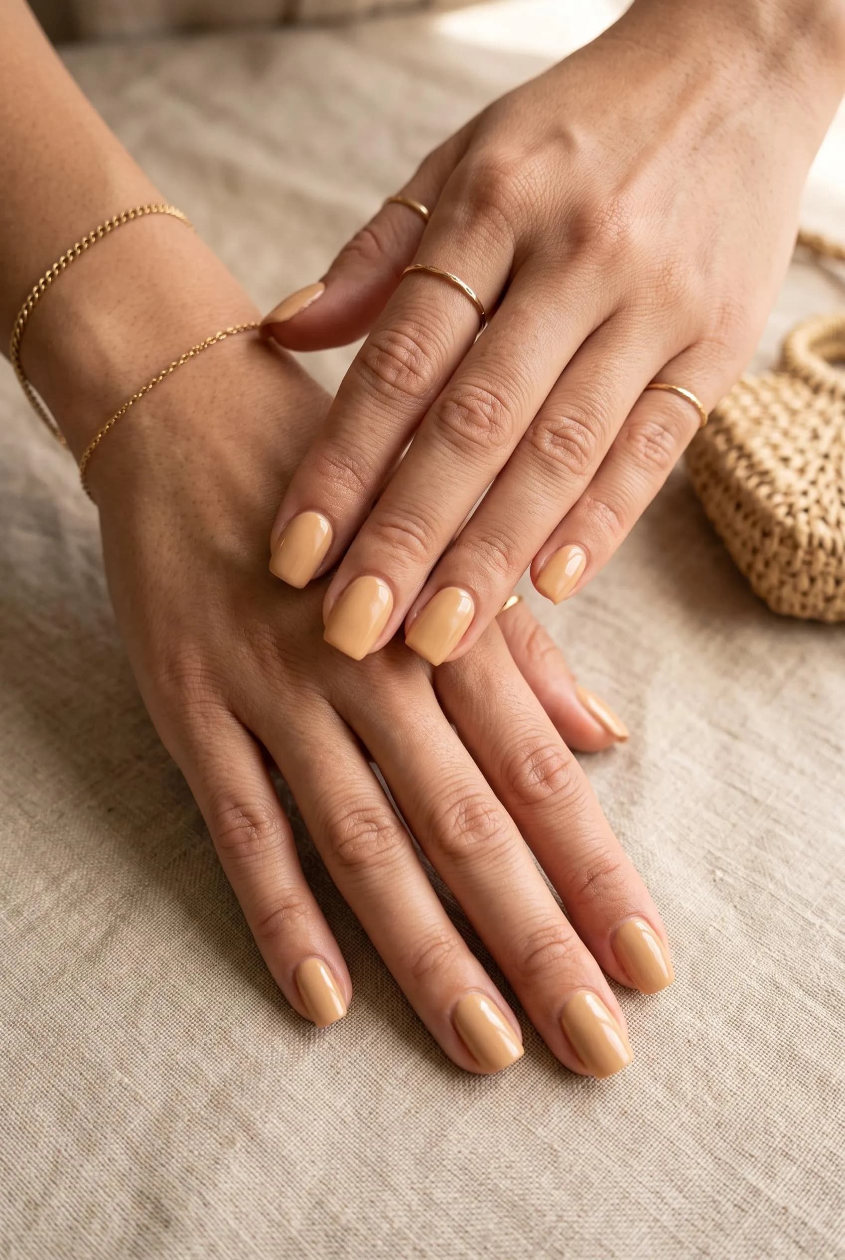 Golden beige nude nails on light brown skin
