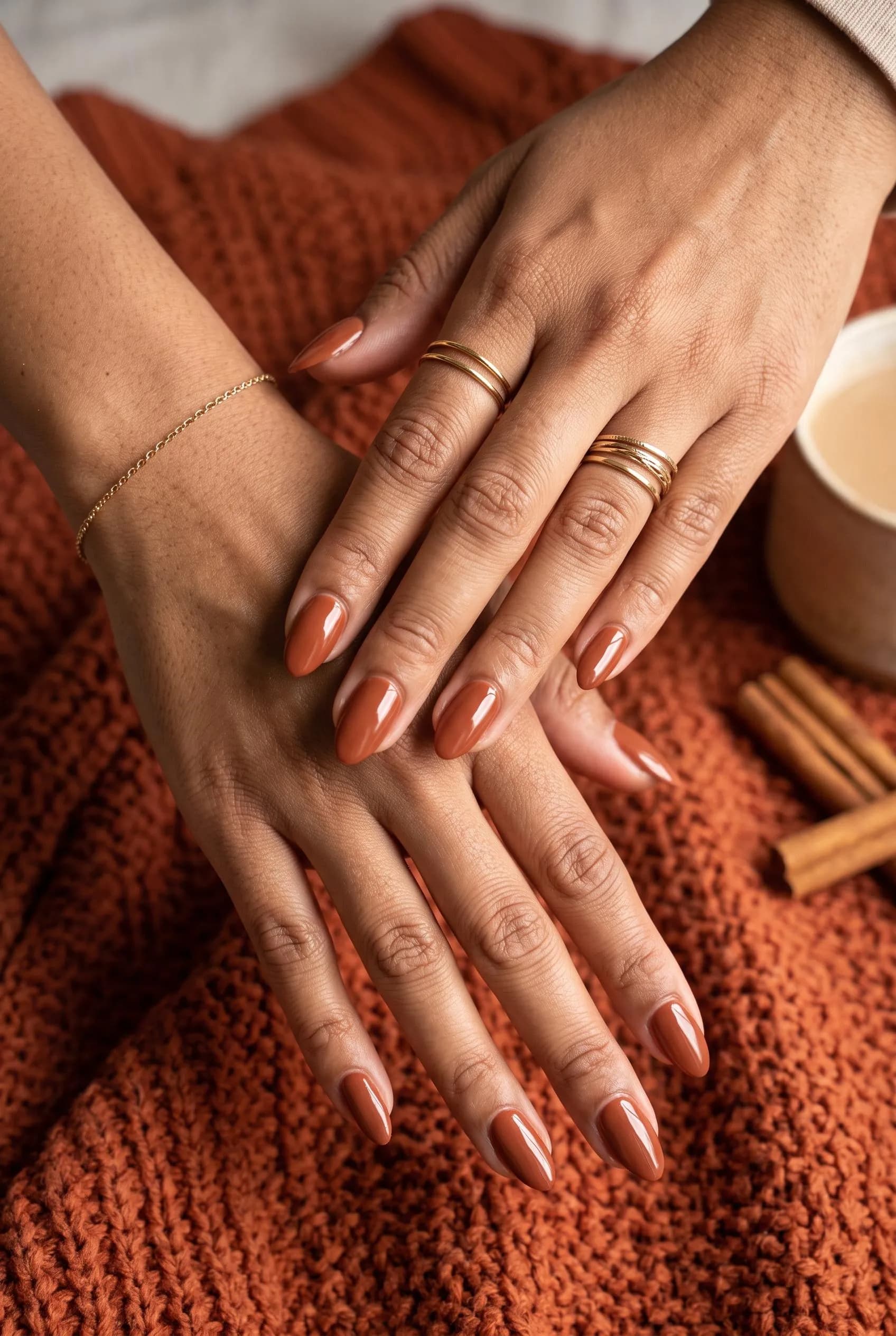 Warm cinnamon brown almond nails on a rust knit with cinnamon sticks