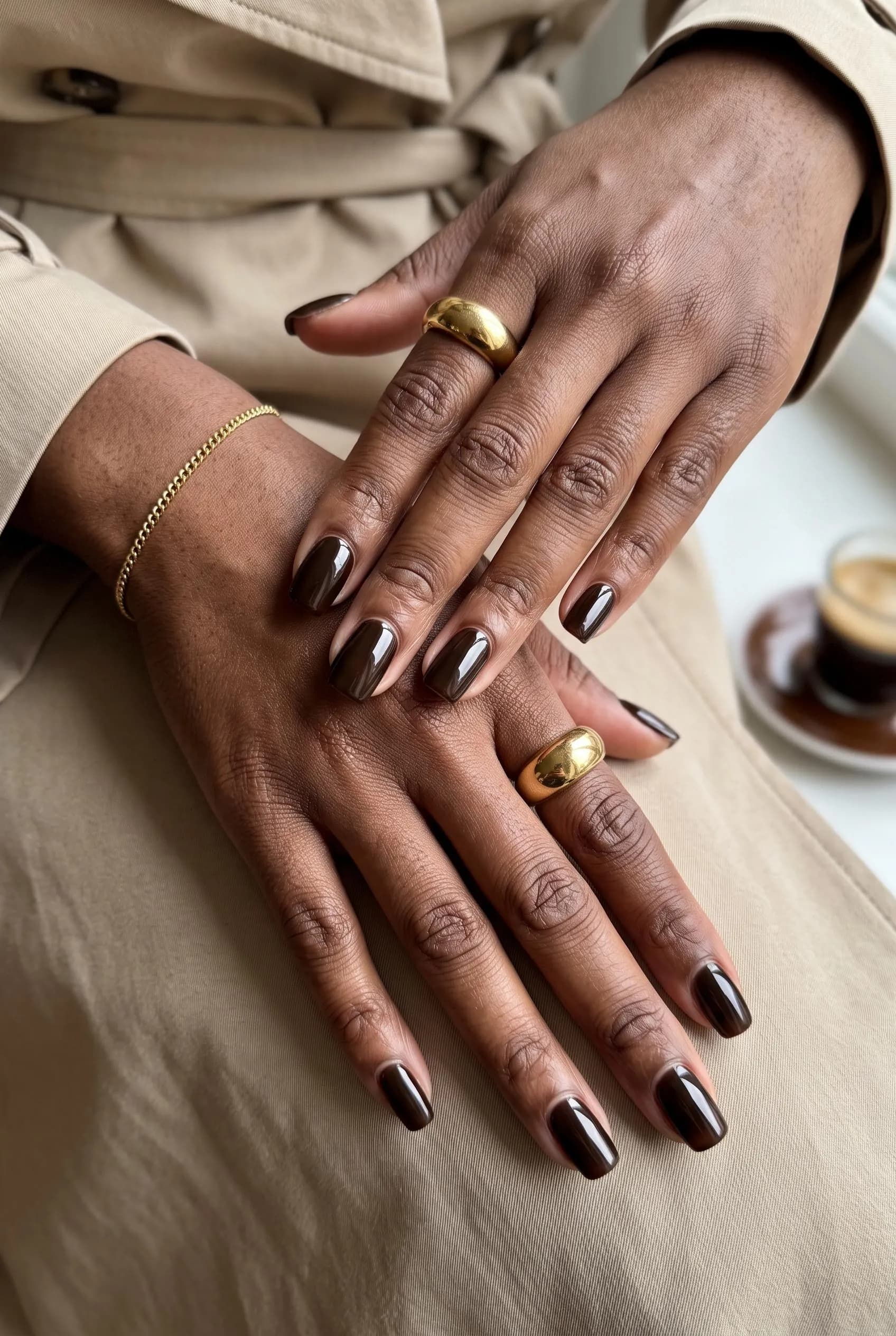 Deep espresso brown nails on deep brown skin over a beige trench coat