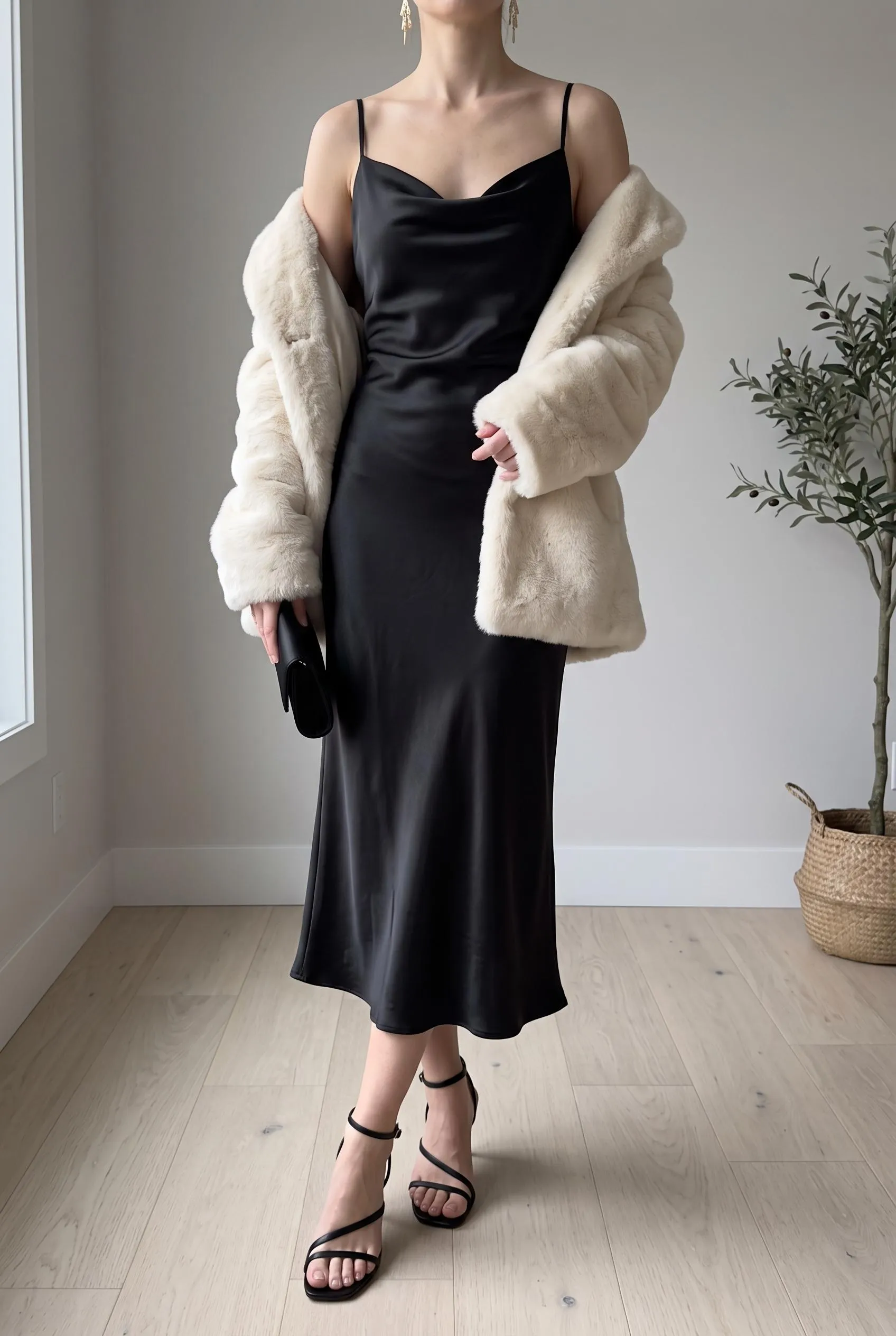 Black satin slip dress under a cream faux fur coat with strappy black heels