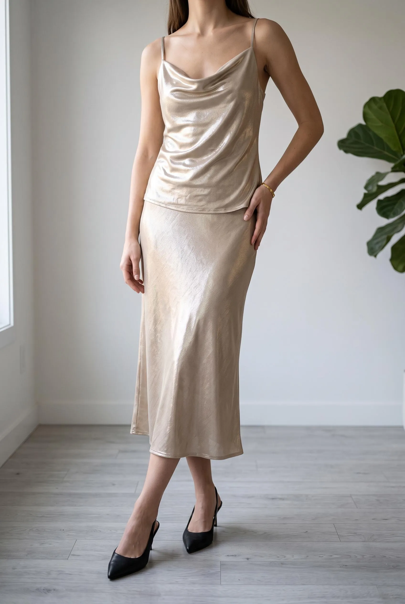 Champagne metallic cowl-neck top and matching slip skirt with black slingback heels