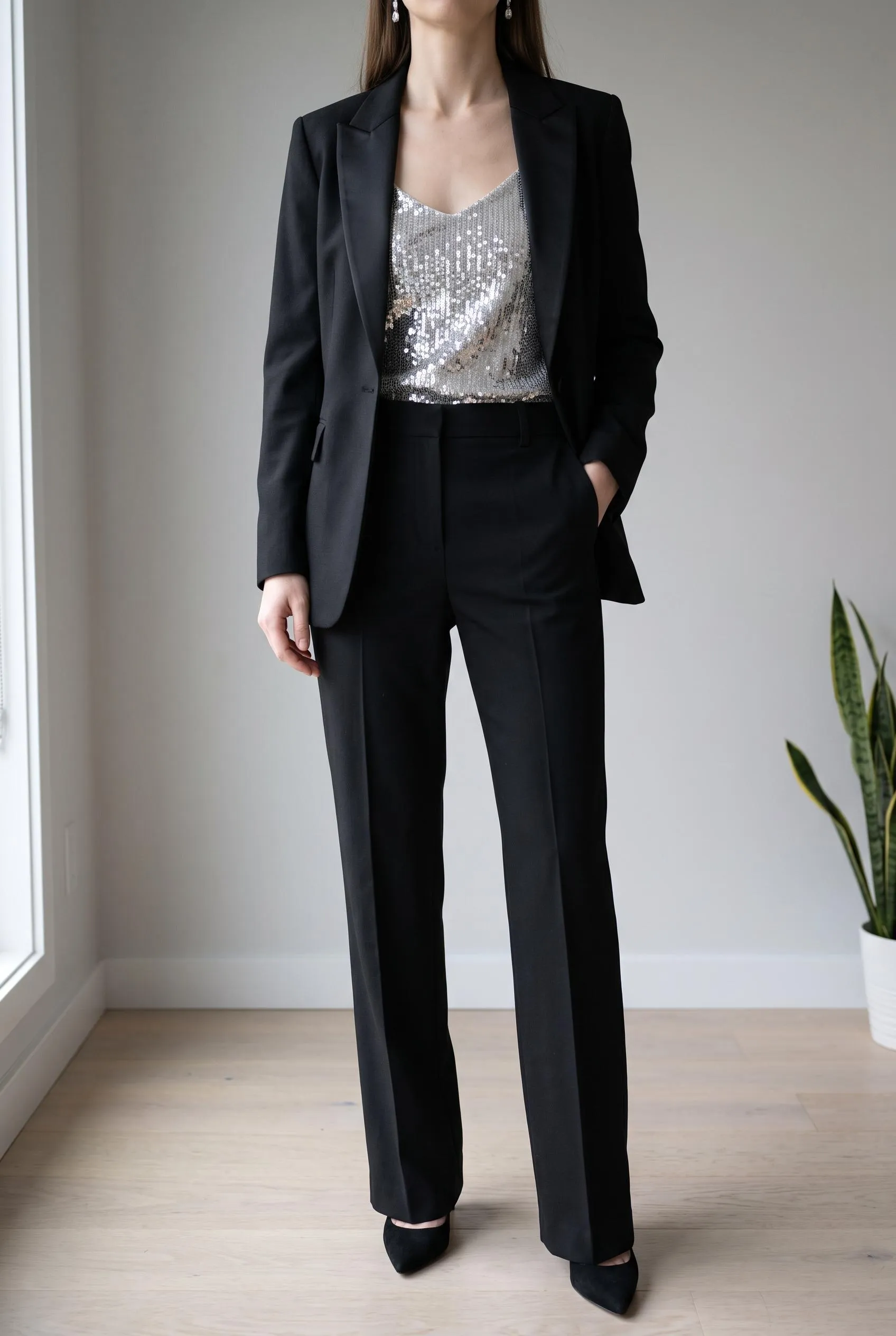 Black tuxedo blazer over a silver sequin camisole with black tailored trousers